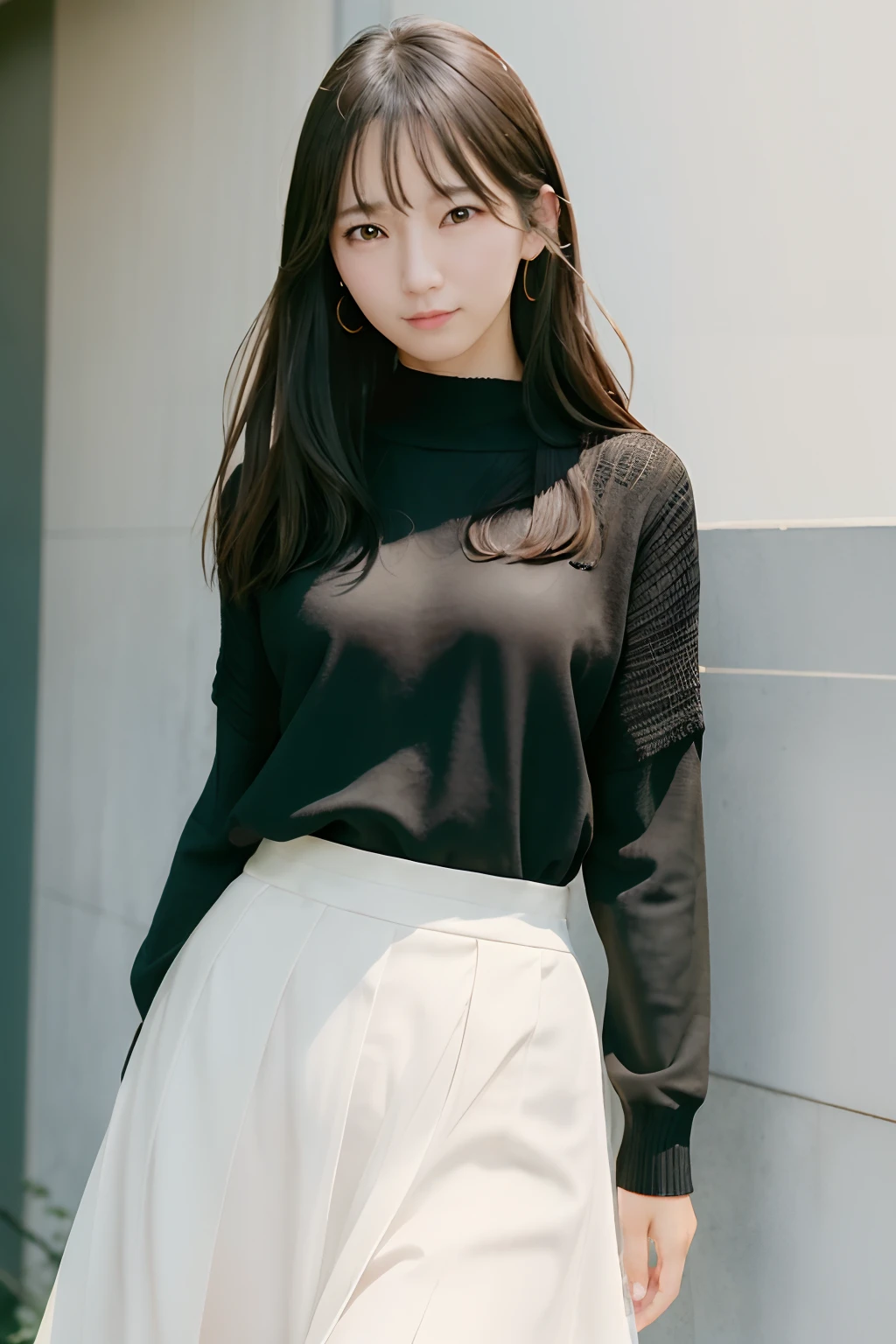 (skin blemish:1.2), (skindentation), black eye, 1woman, 25yo, (((woman))), solo, realistic, best quality, photorealistic, masterpiece, 8k, high res, solo, extremely detailed face, (professional lighting, bokeh), (light particles, lens flare, glowing particles:0.6), (dynamic pose:1.2), soft lighting, top angle view, fashionable and trendy atmosphere, japan, street, tokyo, city, ((daytime)), sky, ((looking at the viewer:1)), (looking at the camera),(portrait:0.6), cowboy shot, gorgeous, standing, keep original facial proportion, wide shoulder, full body, (small breast), (medium hair), brown hair, floating hair, lips, lipstick, seductive smile, floating hair, smile, open_mouth, teeth, (sleeves less white blouse), (jumper skirt), eyelashes, mole, (mole under eye:1),