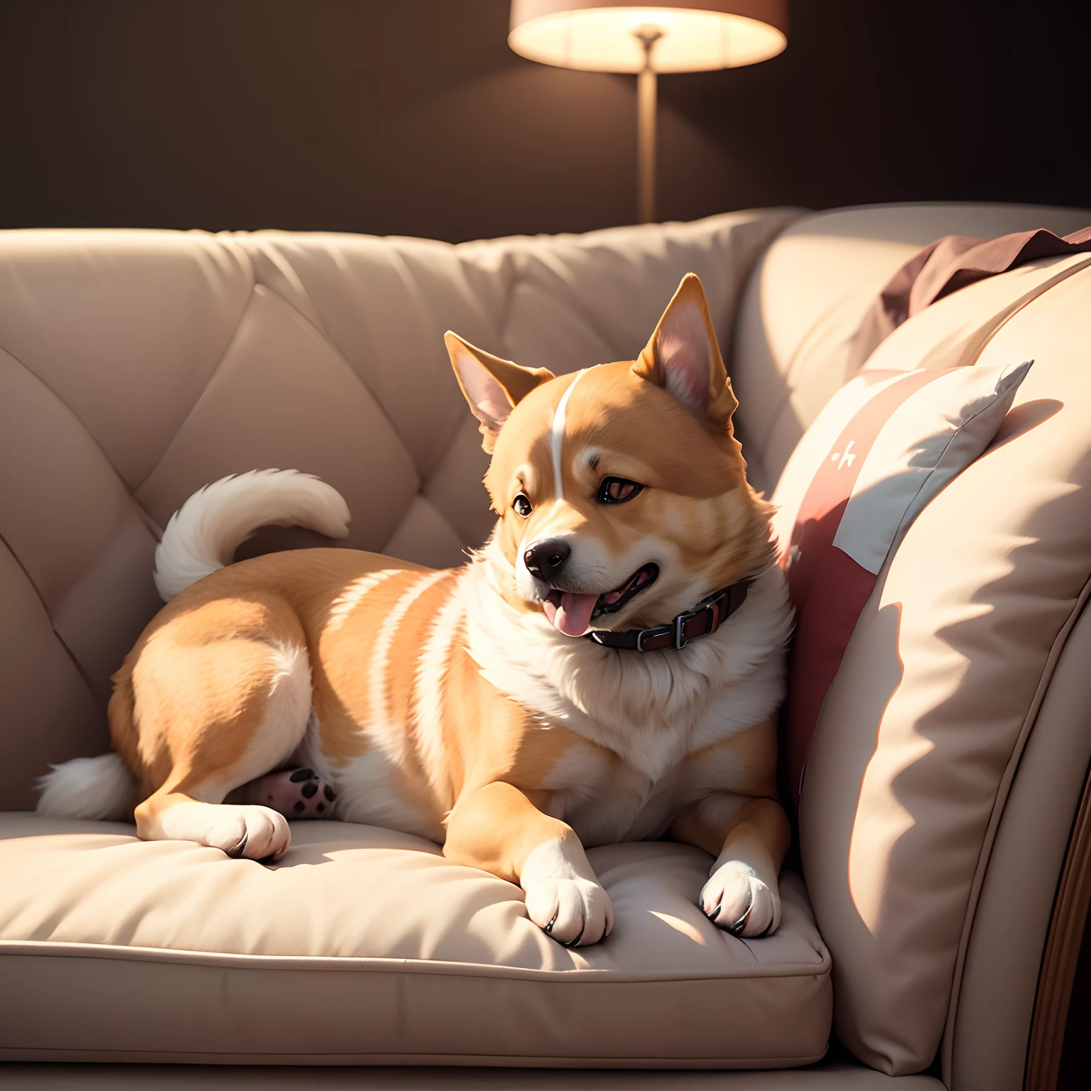 (High Detail 1.2) Anime Dog( soft-lighting) lies in a couch, one eye is open, the other is closed, White,