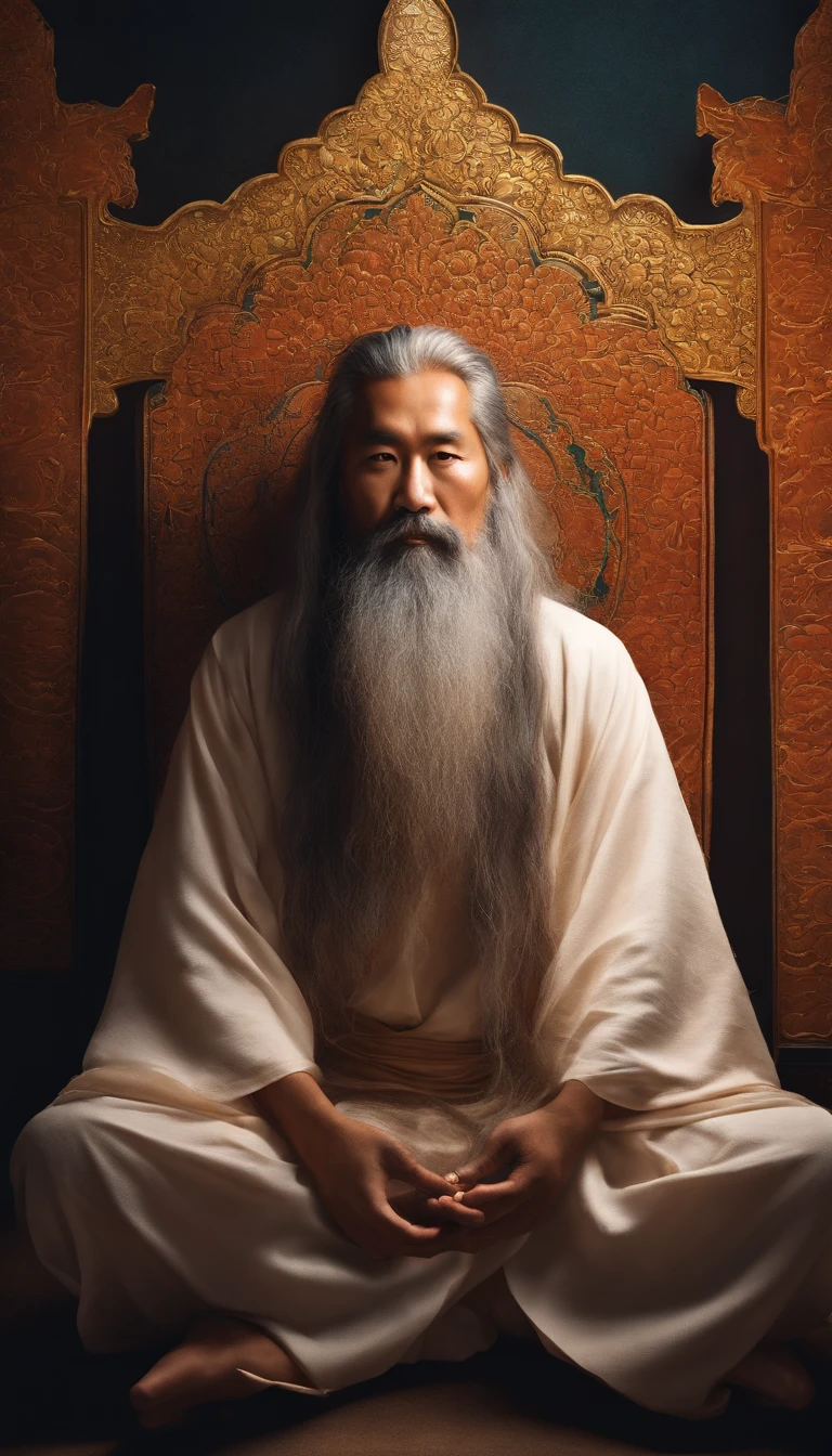 Close-up of a 30-year-old middle-aged Asian man,long whitr hair，Long beard，Sitting cross-legged meditation ignites the aura of magic around you，Taoist master,Taoist，Very bright colors, Light particles, with light glowing, Mshiv, wallpaper art, UHD wallpaper