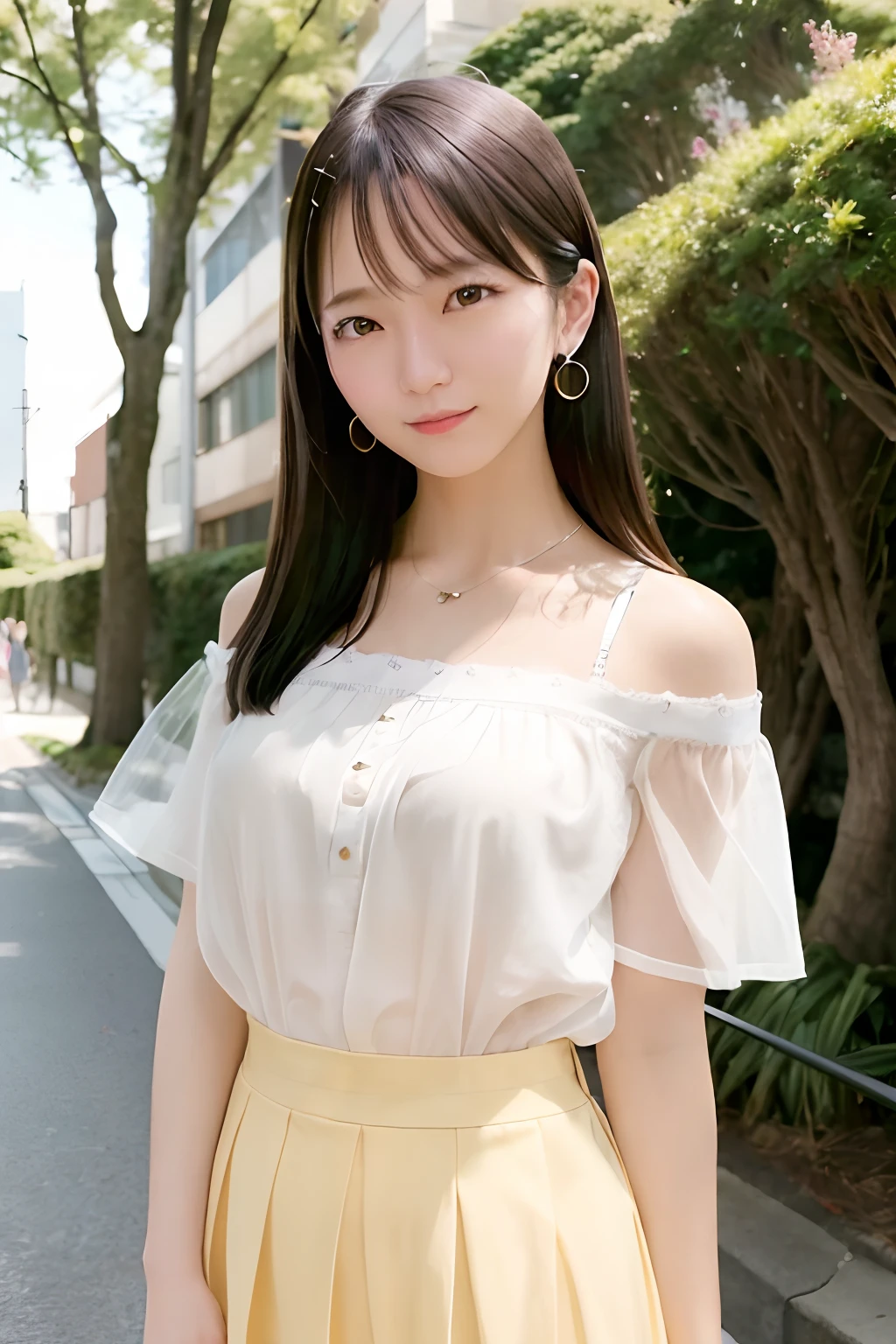 (skin blemish:1.2), (skindentation), black eye, 1woman, 25yo, (((woman))), solo, realistic, best quality, photorealistic, masterpiece, 8k, high res, solo, extremely detailed face, (professional lighting, bokeh), (light particles, lens flare, glowing particles:0.6), (dynamic pose:1.2), soft lighting, top angle view, fashionable and trendy atmosphere, japan, street, tokyo, city, ((daytime)), sky, ((looking at the viewer:1)), (looking at the camera),(portrait:0.6), cowboy shot, gorgeous, standing, keep original facial proportion, wide shoulder, full body, (small breast), (medium hair), brown hair, floating hair, lips, lipstick, seductive smile, floating hair, smile, open_mouth, teeth, (sleeves less white blouse), (jumper skirt), eyelashes, mole, (mole under eye:1),