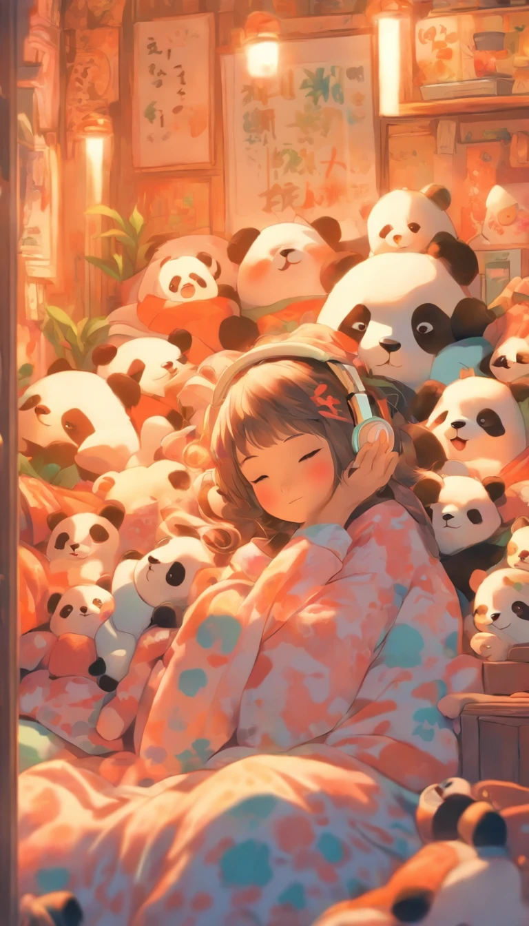 A girl in cute pajamas sleeps on the sofa，Holding a panda doll in his hand，There are a lot of dolls on the soirl wearing headphones，Japanese manga style，High-quality diagrams，Warm，heal，Japanese healing system