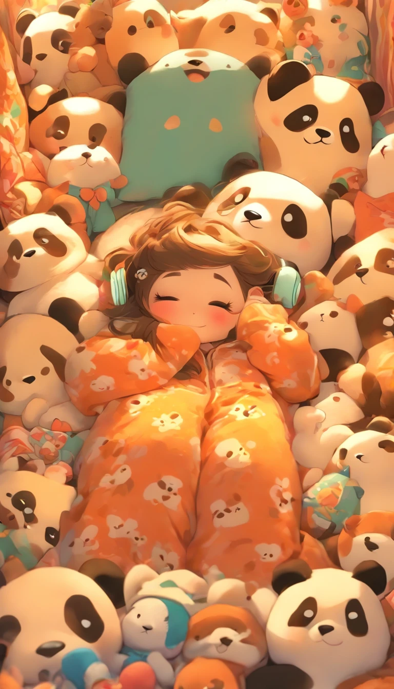 A girl in cute pajamas sleeps on the sofa，Holding a panda doll in his hand，There are a lot of dolls on the soirl wearing headphones，Japanese manga style，High-quality diagrams，Warm，heal，Japanese healing system