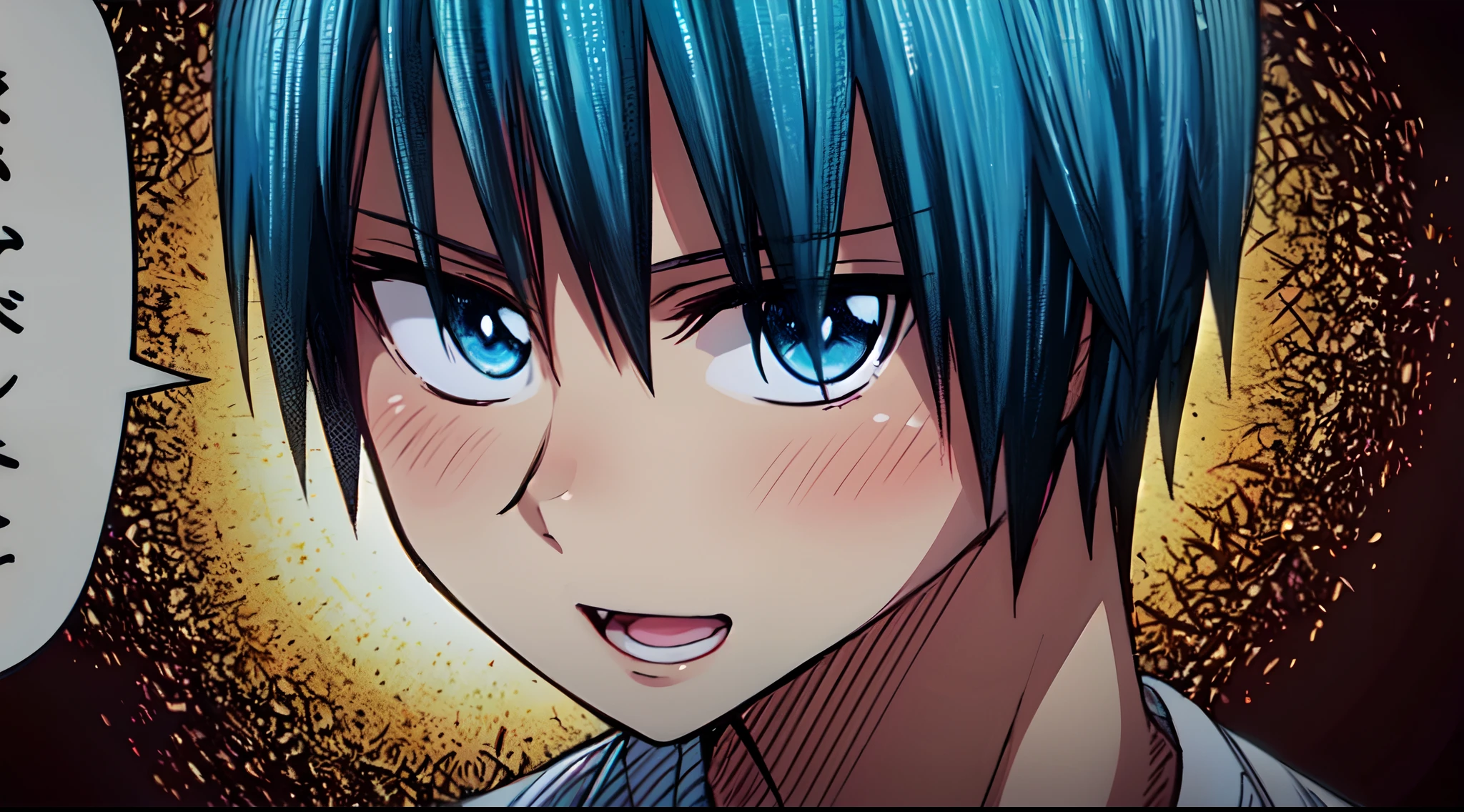 a anime of a boy cartoon, white shirt, blue hair color, open mouth, manga, text manga, color manga, manga color, color manga, color manga panel, a simple background