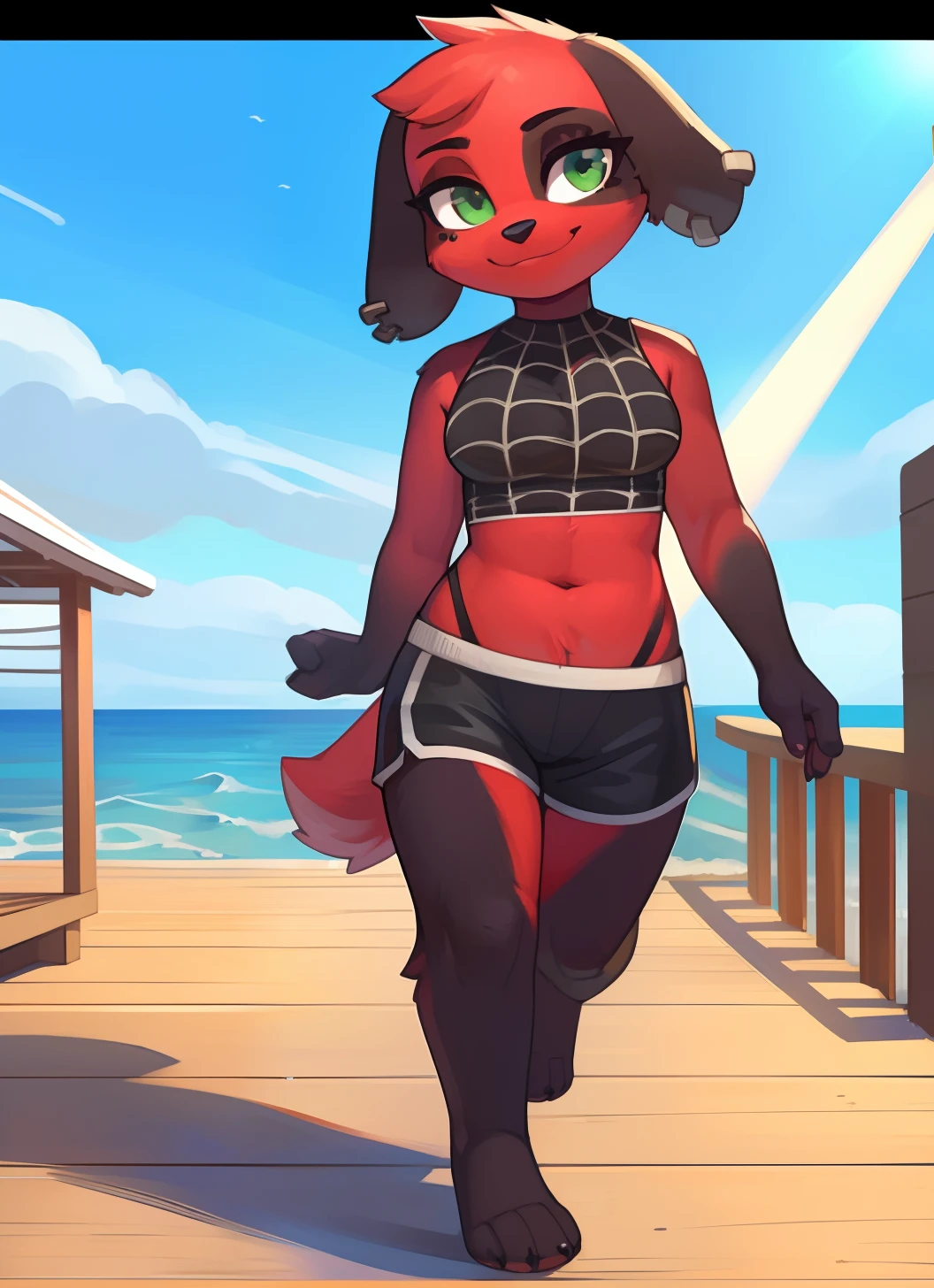 [Cherry; Animal Crossing], [Uploaded to e621.net; (Pixelsketcher), (wamudraws)], ((masterpiece)), ((solo portrait)), ((full body)), ((front view)), ((feet visible)), ((furry; anthro)), ((detailed fur)), ((detailed shading)), ((beautiful render art)), {anthro; (red fur, black nose), cute green eyes, (black spot over left eye), black lop ears, smug smirk, small fluffy tail, (beautiful feet), (small boobs)}, {(goth), (spiderweb sports bra), black spandex shorts}, {(walking), (looking at viewer)}, [background; (boardwalk), (blue sky), (sun rays)]