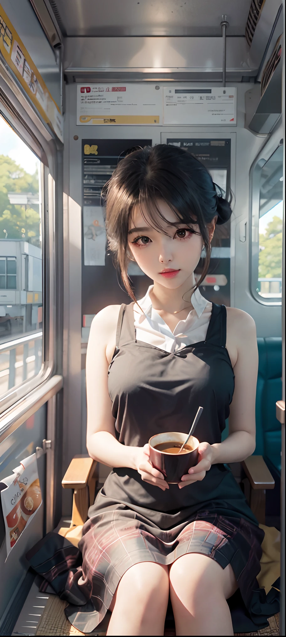 Masterpiece:1.2, there is a woman sitting on a train holding a cup of coffee, realistic anime 3d style, artwork in the style of guweiz, anime style. 8k, hyper realistic anime, anime realism style, ilya kuvshinov. 8k, anime realism, photorealistic anime, anime girl in real life, anime style mixed with fujifilm.  ((Please fix the eyes, make them exactly the same as human eyes)). >