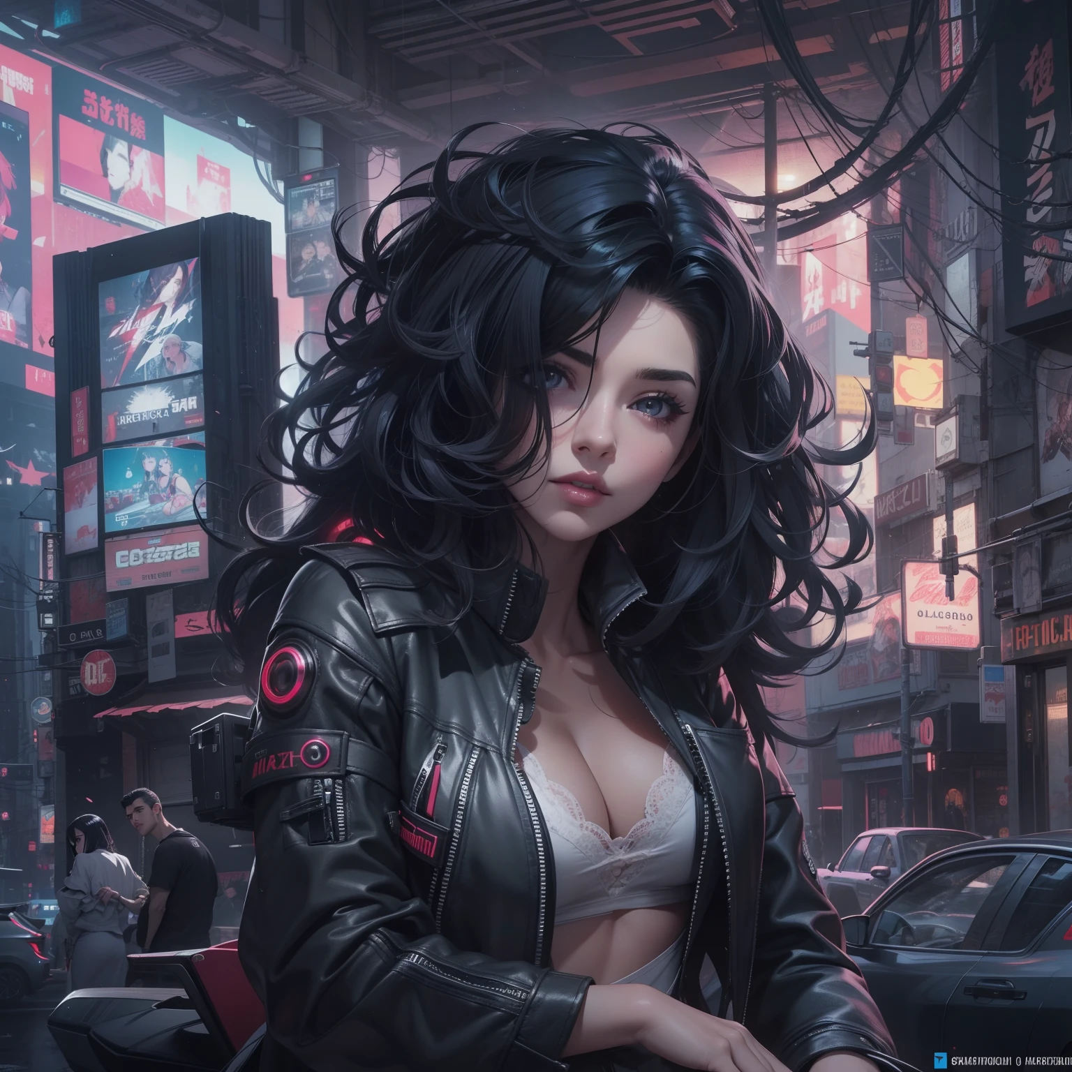 garota magra, branca, black hair curled and shabby, pose muito sensual, Beleza perfeita, Olhos bonitos Glossy Lips, seios muito pequenos aparecendo, mostrando os pequenos seios, cyberpunk