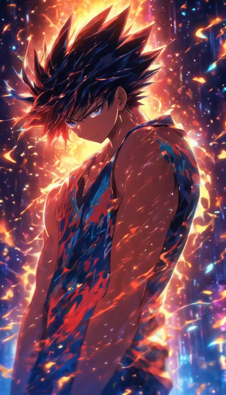 A young man wiping sweat, facing a massive black algorithm model with a mysterious glow and immense power, ,32k, best quality, masterpiece, super detail, high details by Jidaimono Anime Style