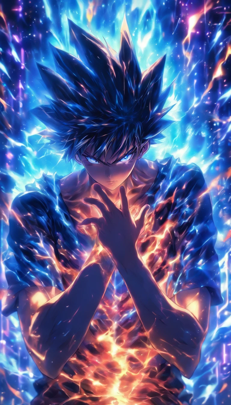 A young man wiping sweat, facing a massive black algorithm model with a mysterious glow and immense power, ,32k, best quality, masterpiece, super detail, high details by Jidaimono Anime Style