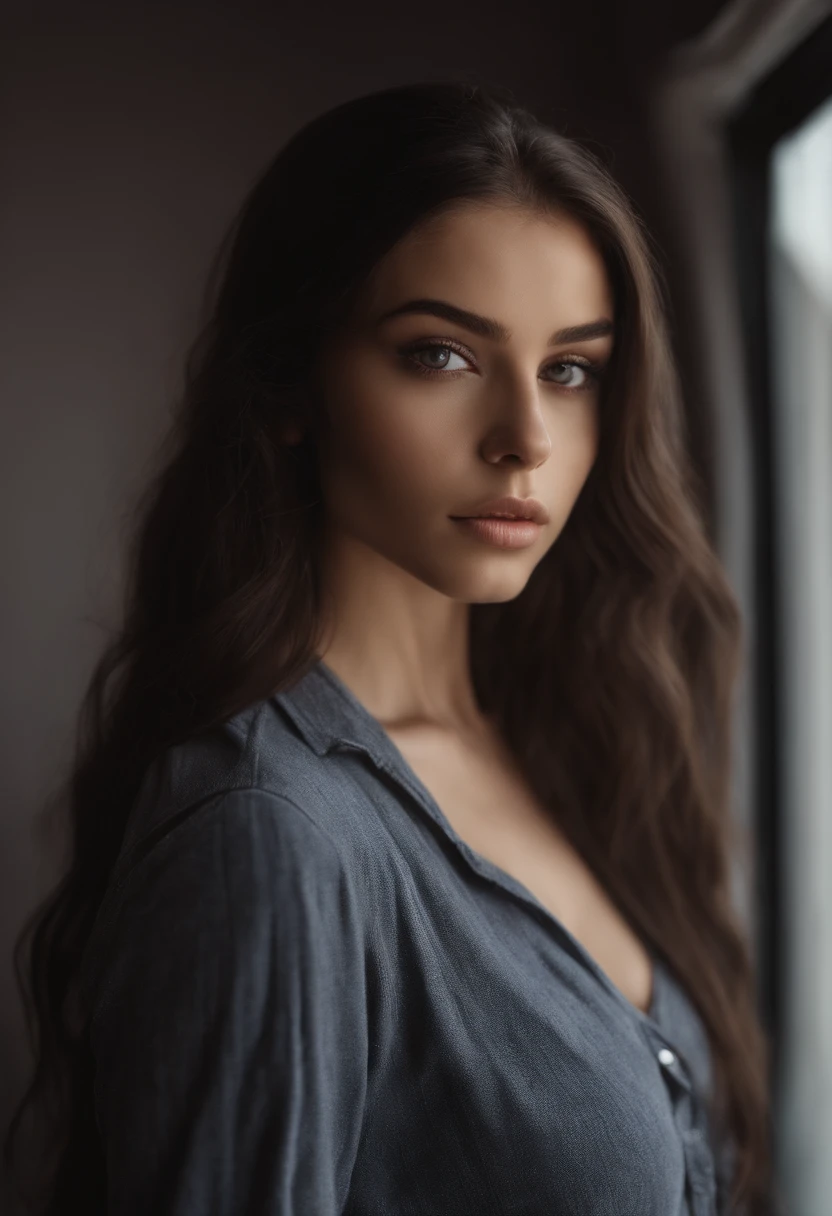 arafed woman with black sexy atractive clothes, sexy girl with brown eyes, portrait sophie mudd, black hair and large eyes, selfie of a young woman, bedroom eyes, violet myers, without makeup, natural makeup, looking directly at the camera, face with artgram, subtle makeup, stunning full body shot, in a roof , cleavage