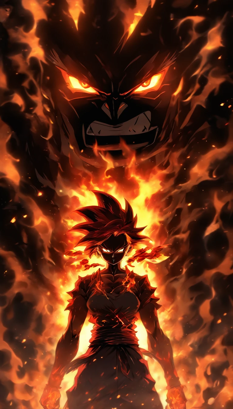 An angry woman standing in front of a man, with flames of anger flickering in her eyes, a dark background behind the man emphasizing the woman's anger, ,32k, best quality, masterpiece, super detail, high details by Jidaimono Anime Style