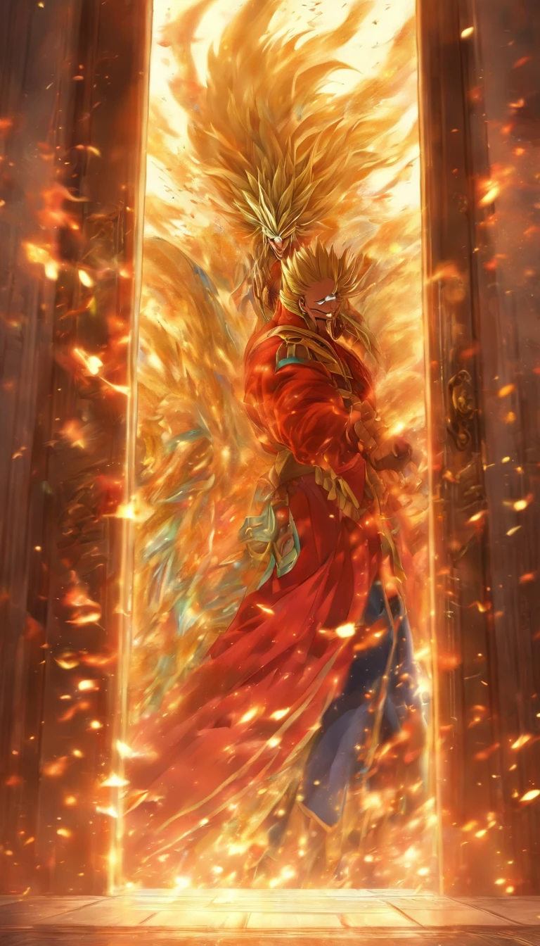 A door being kicked open with great force, Elder He and his followers rushing into the room, Elder He's eyes filled with killing intent, anxiously looking at the Holy Son, a tense atmosphere in the room with decorations on the wall shaking, ,32k, best quality, masterpiece, super detail, high details by Jidaimono Anime Style