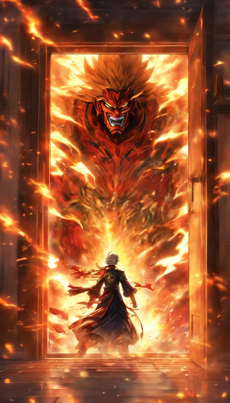 A door being kicked open with great force, Elder He and his followers rushing into the room, Elder He's eyes filled with killing intent, anxiously looking at the Holy Son, a tense atmosphere in the room with decorations on the wall shaking, ,32k, best quality, masterpiece, super detail, high details by Jidaimono Anime Style