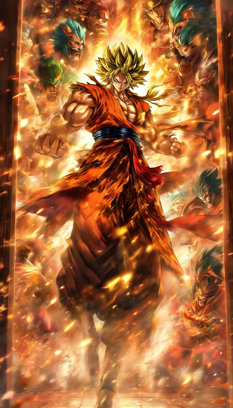 A door being kicked open with great force, Elder He and his followers rushing into the room, Elder He's eyes filled with killing intent, anxiously looking at the Holy Son, a tense atmosphere in the room with decorations on the wall shaking, ,32k, best quality, masterpiece, super detail, high details by Jidaimono Anime Style