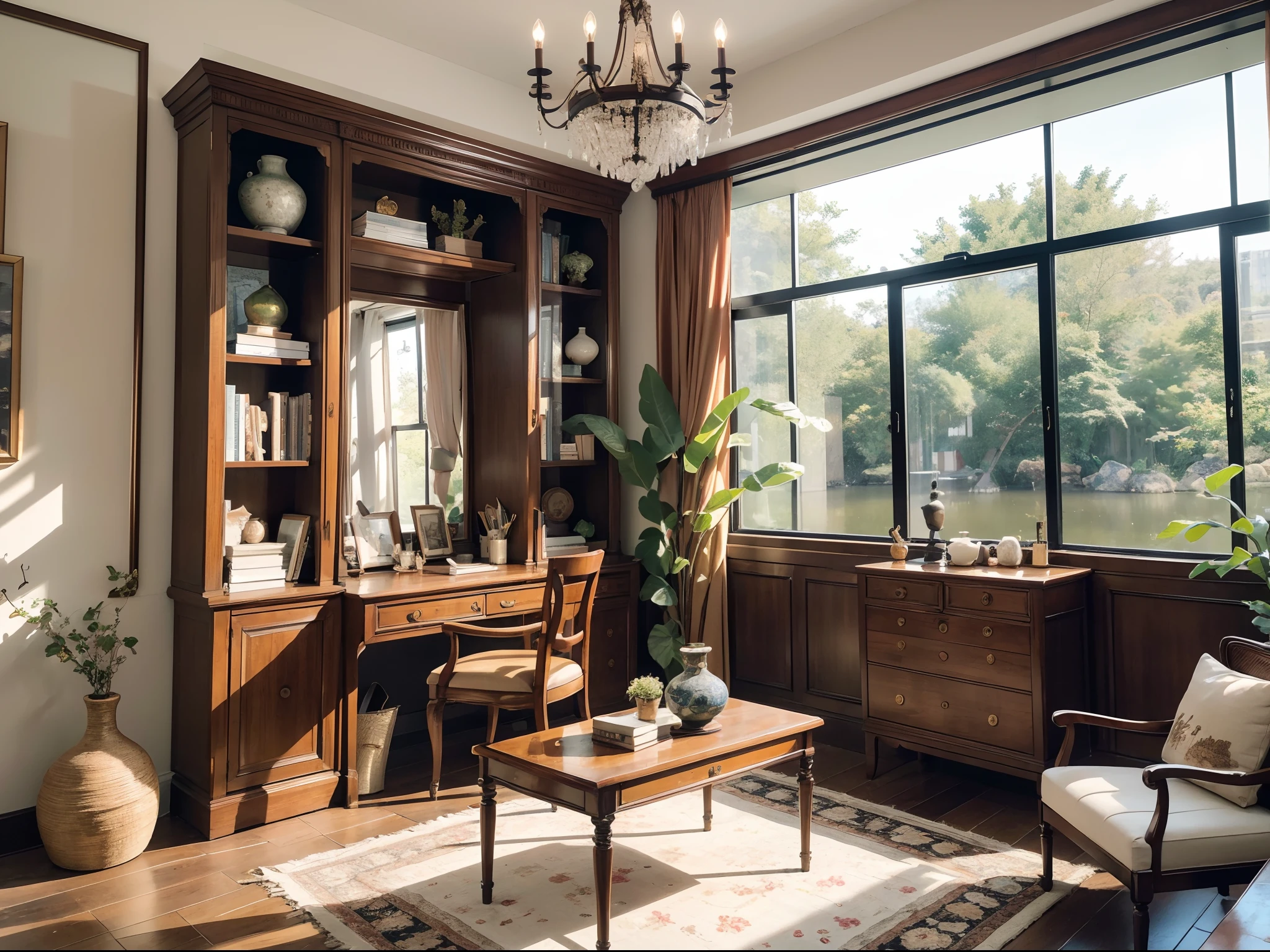 A beautiful courtyard scene is visible outside the French windows. The lush green of the lotus leaves in the pond blends harmoniously with the sunlight, creating a serene and delightful atmosphere. The walls are adorned with precious calligraphy and paintings, their artistic strokes exuding a profound sense of tranquility. Sitting at the mahogany desk, one can appreciate the tactile sensation and historical significance of the exquisite craftsmanship of ancient artifacts. The bookshelf is filled with an extensive collection of books, emanating a rich and captivating aroma of ink, captivating all who delve into them.

(best quality,4k,8k,highres,masterpiece:1.2),ultra-detailed,(realistic,photorealistic,photo-realistic:1.37),vivid colors,sharp focus,studio lighting,physically-based rendering,professional,bokeh,portraits,landscape.