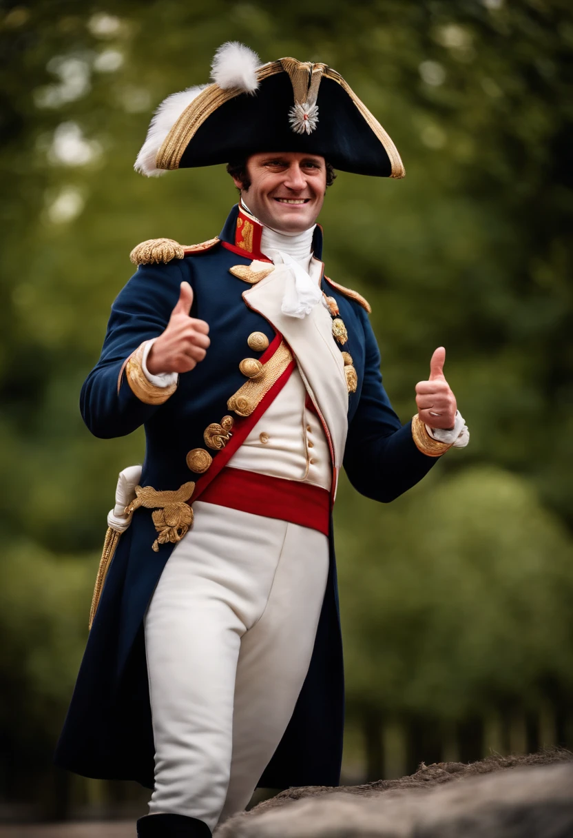 A Napoleon Bonaparte with his thumbs up smiling in pain, cinematic,