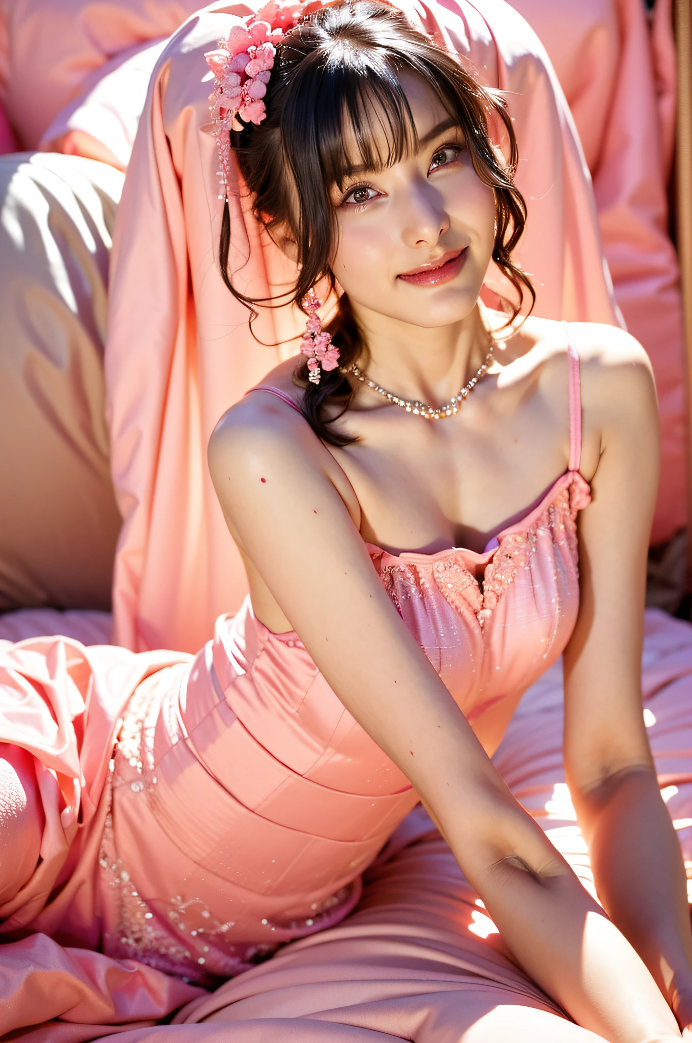 Close up portrait of woman in pink dress sitting on bed, Young Sensual Gravure Idol, けもの, Young Pretty Gravure Idol, Realistic Young Gravure Idol, 奈良美智, sakimichan, sakimichan, Realistic sensual gravure idol, sophisticated gravure idol