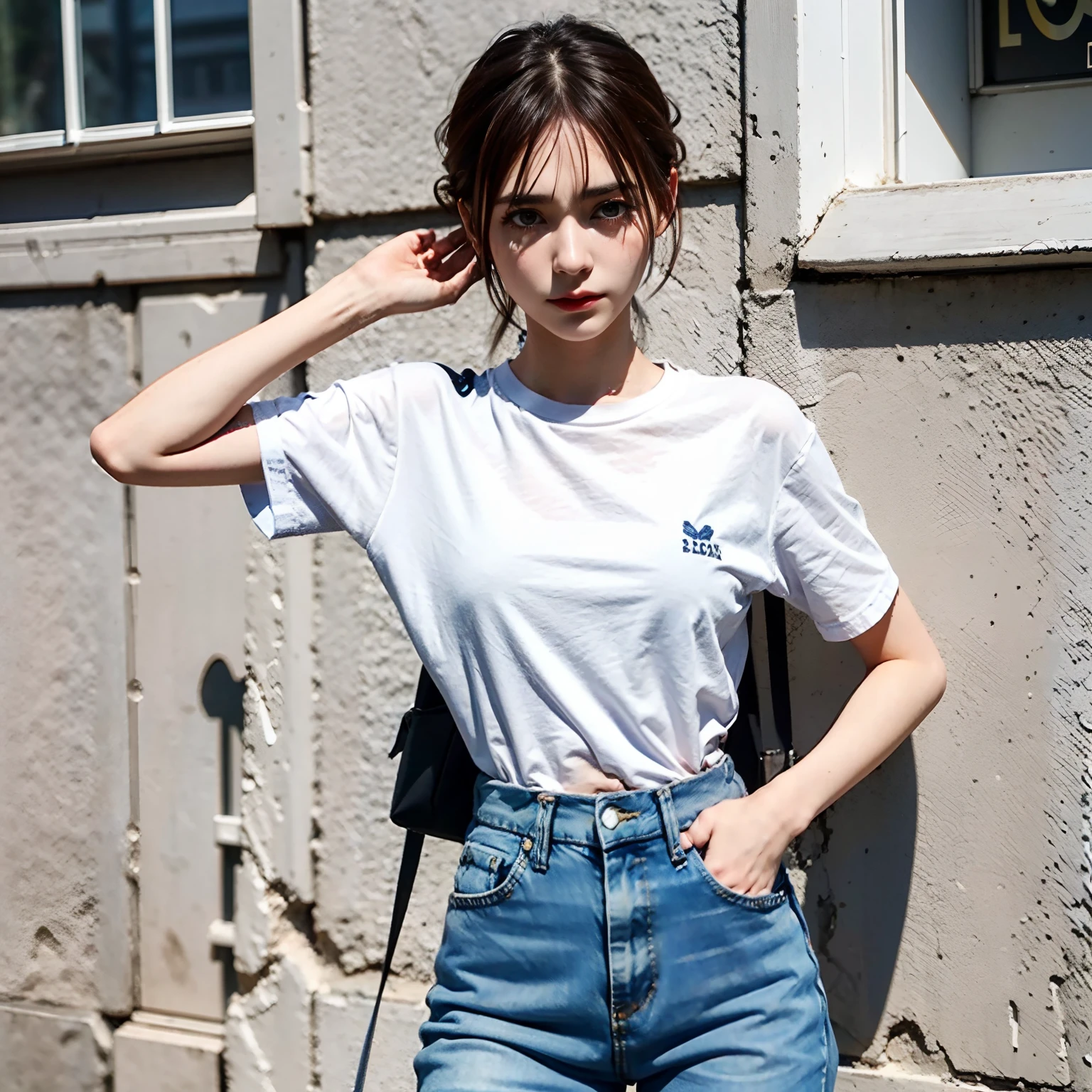 Girl taking pictures in t-shirt and tight denim、arm behind back、full body Esbian、Cropped length shirt、slim figure、Petite bust、Slim Girl Model、24歳の女性モデル、In the street