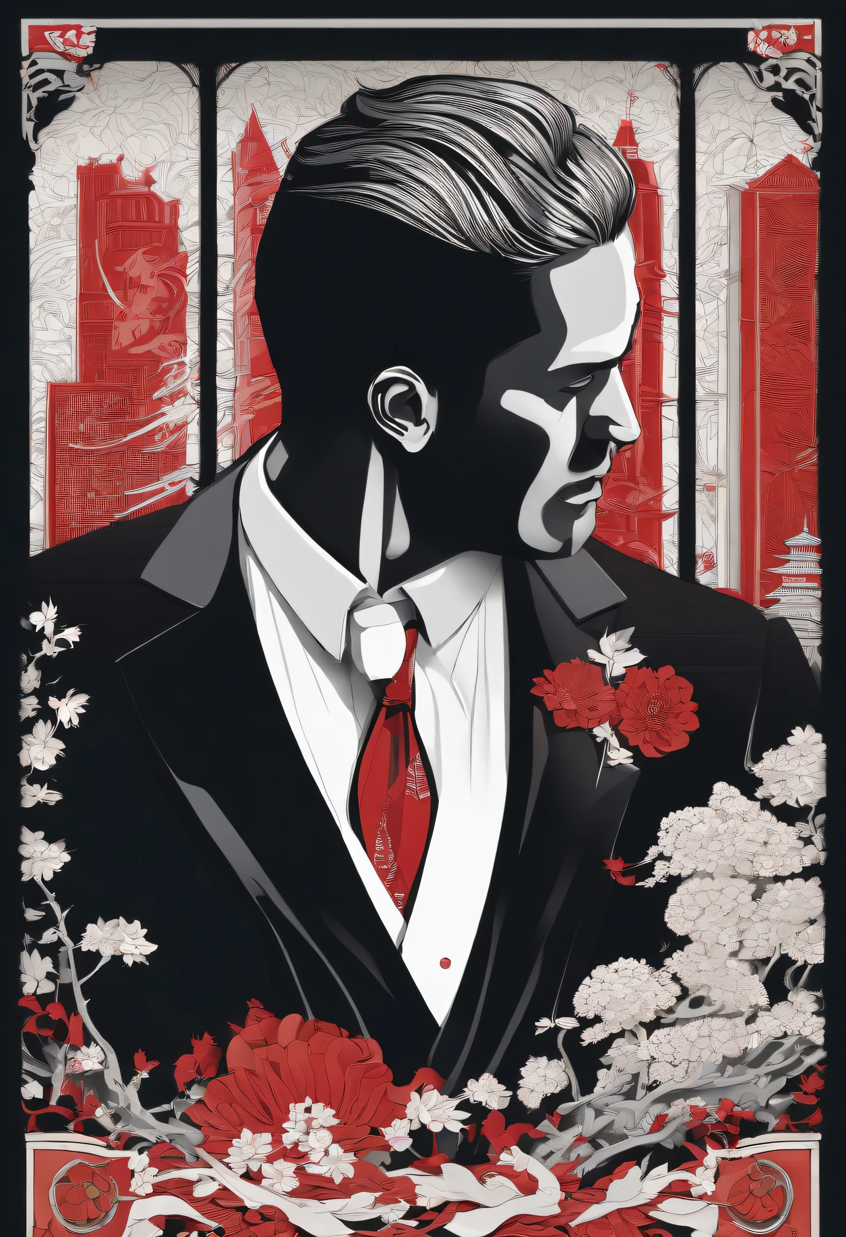 "(Businessman man in black suit+rot+blanche), Pomade hair、Colorful colors、incredible details, Traditional background of Japan, Magnificent illustrations, Perfect picture quality"