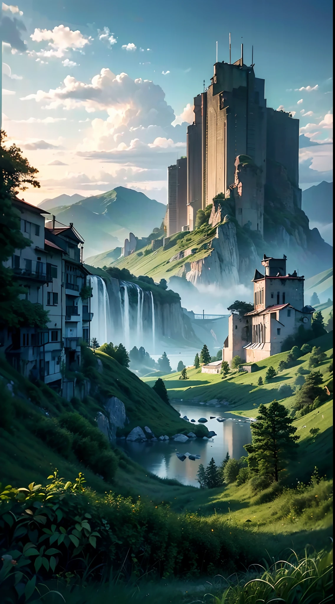 (raw photo:1.5，master-piece，best qulity，ultra-highresolution，8k)， (depthoffield:1.5，finelydetail，Realistic :1.5)， Ethereal landscapes and detailed cities， A clear sky，Majestic peaks and ruins in the distance，Surreal style