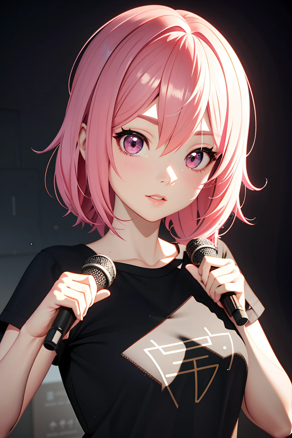 a black T-shirt、Hold the microphone over the stage、Pink hair anime girl looking at camera, render of a cute 3d anime girl, photorealistic anime girl render, Smooth Anime CG Art, anime styled 3d, anime moe art style, 3d anime girl, 3 d anime realistic, Angle of pull, realistic anime 3 d style, 8K portrait rendering