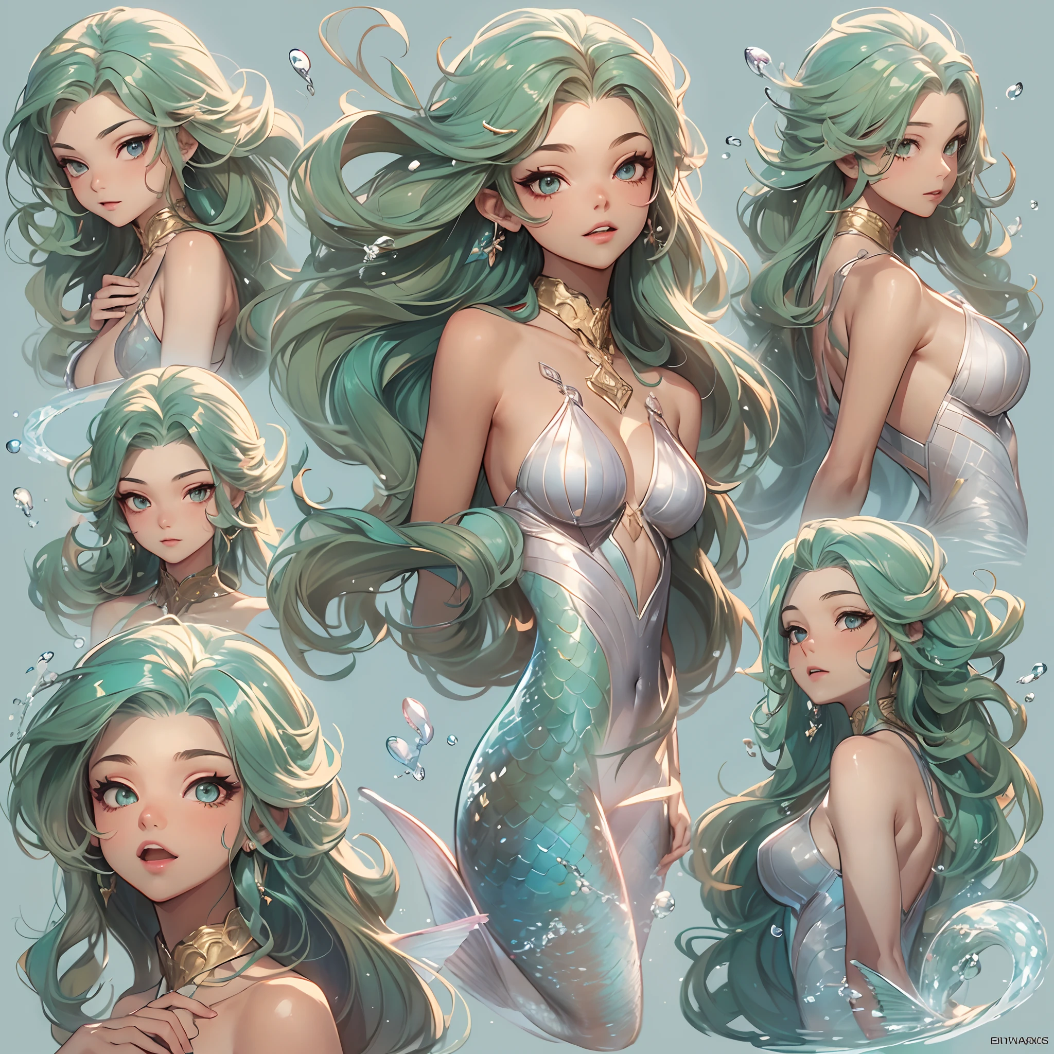 ((Masterpiece, Highest quality)), Detailed face, CharacterDesignSheet， full bodyesbian, Full of details, Multiple poses and expressions, Highly detailed, Depth, Many parts，Beautiful mermaid girl，Human fishtail，estilo fantasia，Extremely beautiful，High Balance, Natural light, Water ripples around