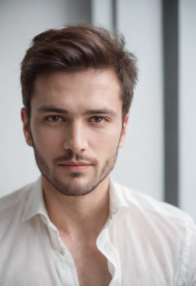 35-year-old boy, White shirt,silky light untidy hair, light beard, looking in camera, Half body,Straight Posing, Perfect Lighting, deepshadow, Best Quality, masutepiece, 超A high resolution, Photorealistic