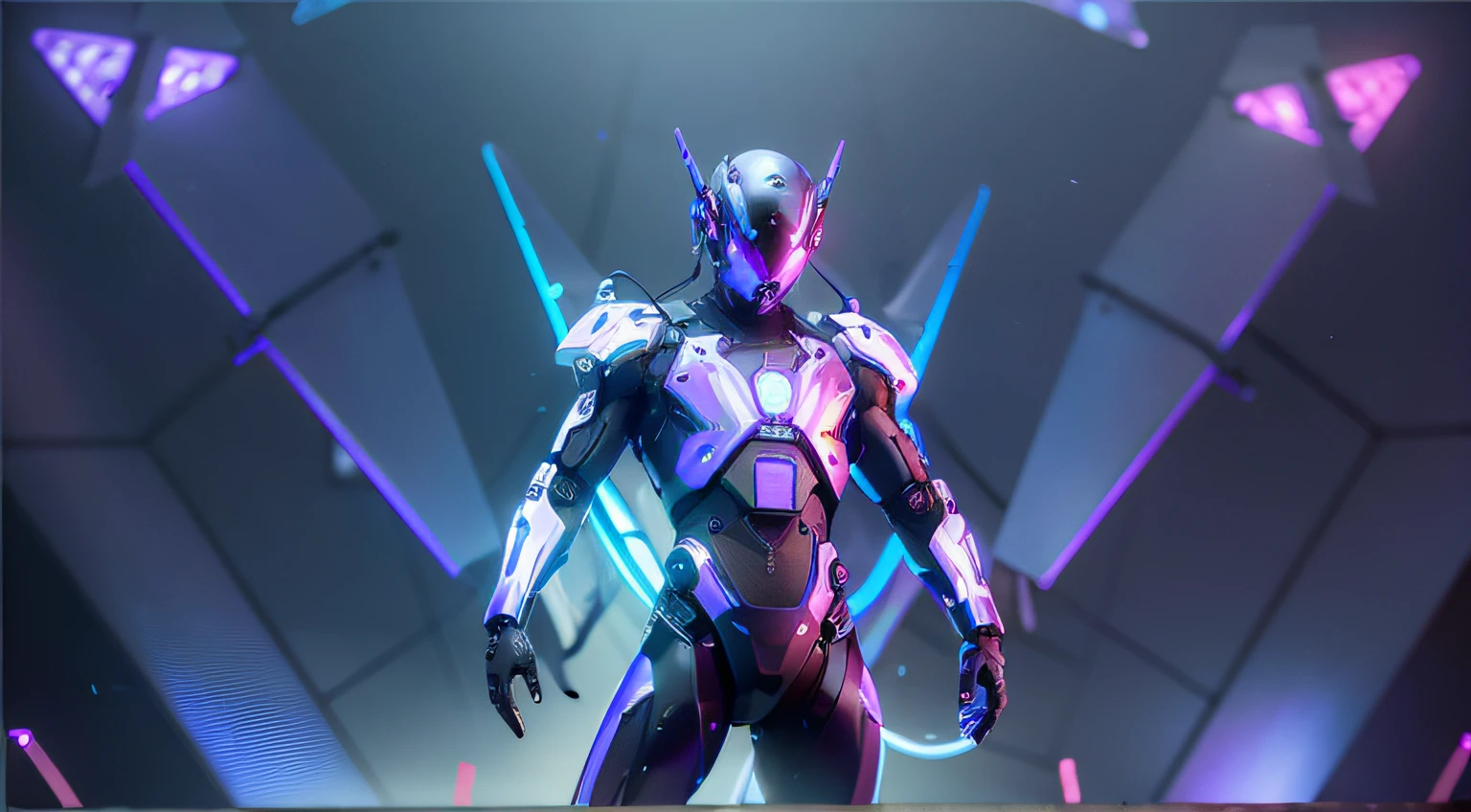 MALE. MAN. MAN. MALE..wings leds, divine paradise. neon blue and Purple butterfly wings leds. heavenly illumination. God. Holy robotic. levitating. Position of god. Floating in a cathedral. strong, robust and masculine body. fat arms. Position of divinity. Floating. divine statue, pedestal, holy pedestal. levitating. masterpiece, best quality, a close up of a futuristic looking cyborg man with a fantastic cyber helmet head with blue and Purple triangle led lights and a halo, full body, dancing. dance. synthwave ballad. silver pants. wearing a blue and Purple techwear jacket, white church in background. jump, full body, robotic legs. divine statue, pedestal, holy pedestal. neon blue and Purple butterfly wings leds. MASCULINE. MALE