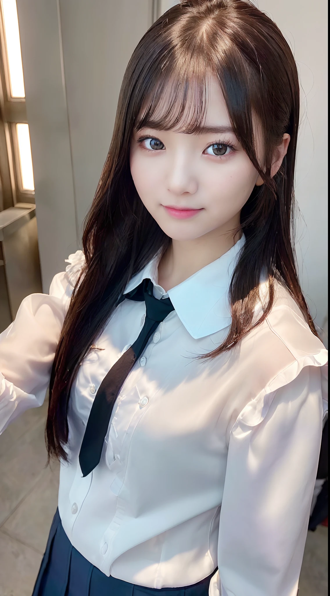 (masterpiece、top-quality、beautiful quality、Photorealsitic、Look at viewers、Detailed Lighting、highlydetailed skin、very detail hair、extremely detailed teeth、shadowy、8K:1.2)、(women's pictures、1girl in:1.2)、((high-school uniform:1.2))