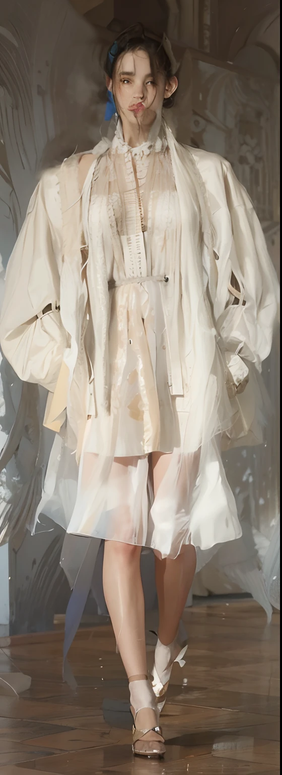 A woman in a white dress and jacket walks the catwalk, Tattered cloth robes, Inspired by Maria Fortuny, Tattered clothes, clothed in ancient suit, his clothes are torn and dirty, Tattered fur coat, feather suit, inspired by Jan Lievens, torn outfit, Root and hay coat, Brown color,Detailed fashion runway map, Lady in evening dress, Large white folded petals on clothes, Female figure in a deconstructed shirt, Paper art petals on clothing,UMA WANG, Flowing cape,New Chinese details, Issey Miyake, Vogue Runway, Tie dye natural fabrics,Layered fashion clothing,Clothing transformed from tie-dyed fabrics ,draped in flowing fabric, Issey Miyake, long flowing fabric , Dirty linen robe