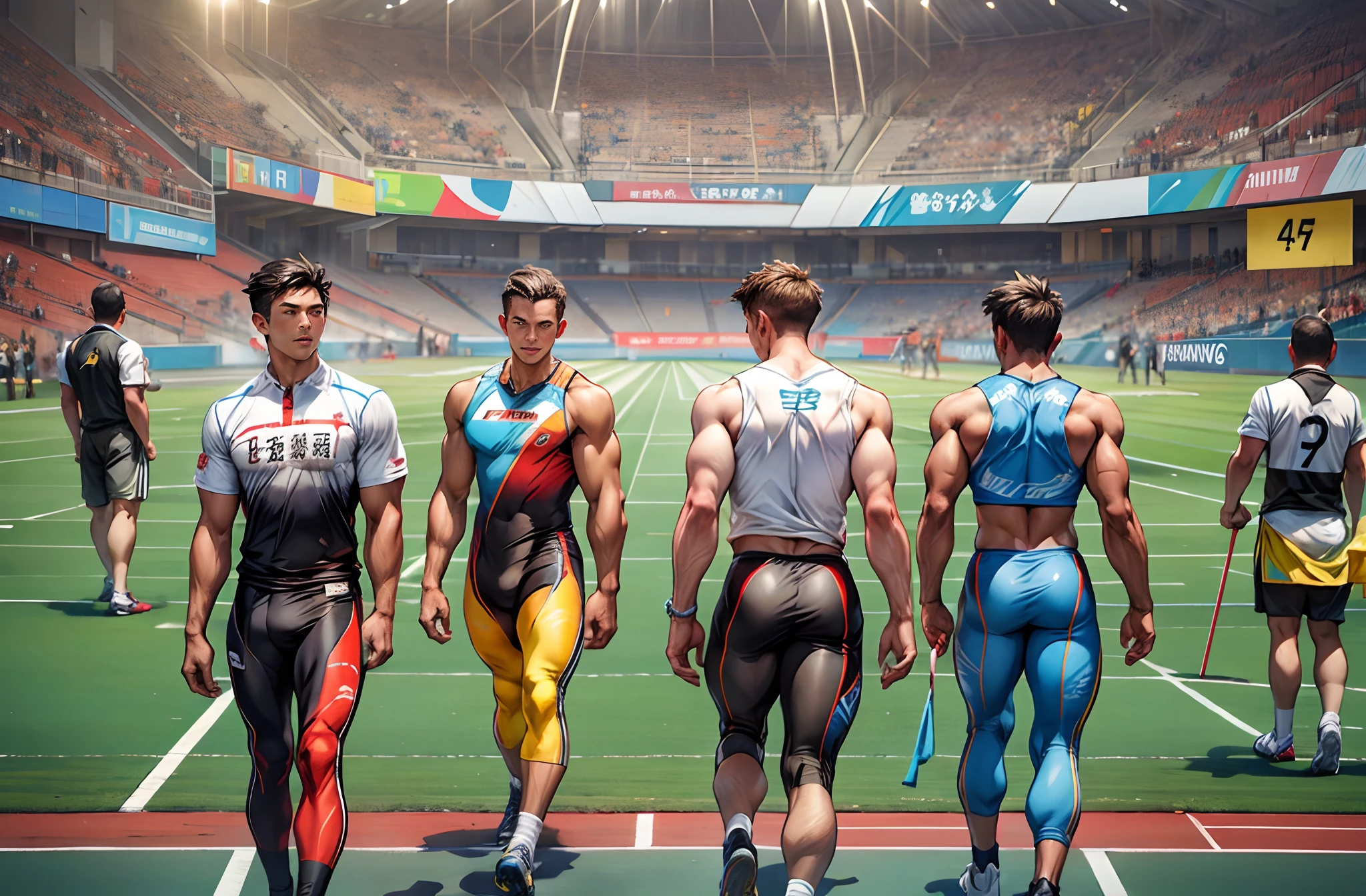 ((tmasterpiece)),HighestQuali,On the big stage of the Asian Games,The audience was packed with enthusiastic spectators,The athletics field is located in the center of the field,Vast meadows and well-designed runways。Athletes wear brightly colored competition attire,Stay focused at the starting line,Rise to the challenge。 A gunshot rang out,Rush forward like a broken string arrow,Muscle tightness,Muscle lines of the thighs and calves,Track and field athletes cross the finish line like flies,Linear volume。His movements are elegant and fluid,Every step is full of power and speed。The venue was filled with appreciation and applause from the audience,Whenever an athlete pushes the limit,The audience erupted into enthusiastic applause。Grassy runway in the sun,Add warmth and vibrancy to the entire scene。(Fine Detailed Eyes, Super detailed face), (超高分辨率,RAW photogr, Super realistic),((Correct anatomy:1.37)), Dynamic Angle,(A complete painting),(Extremely detailed picture),(light and shadow effect),(Movie lighting),(cinema4d),(Light particle tracing),(rendering by octane),(Layered artistic effects),(Best Painting),(Master painting),(8K分辨率),photorealestic,realisticlying