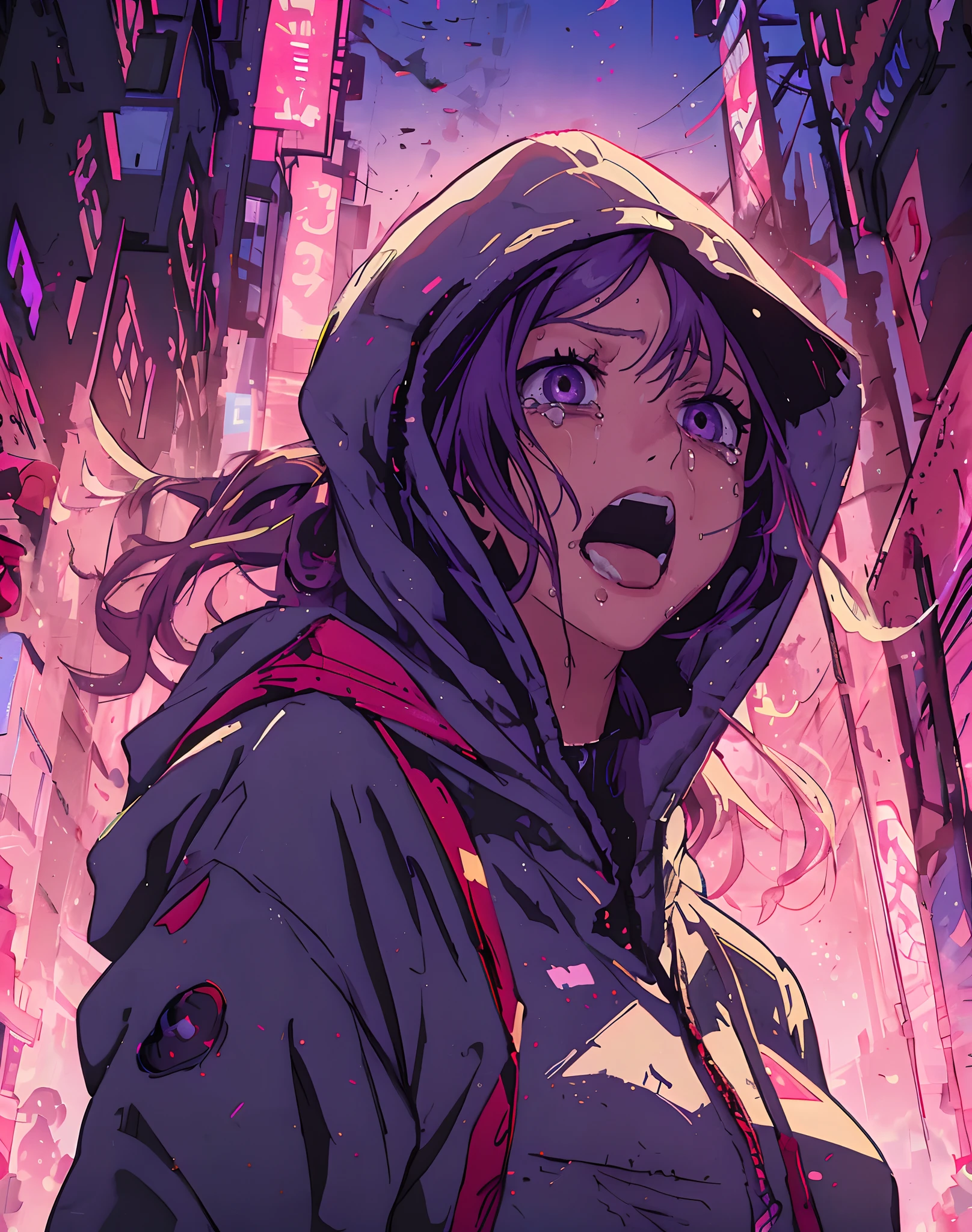 anime girl with hoodie and details ((purple_blur glowing lens)) eyes , apocalypse city,  girl in hoodie, digital, details face, details lips, backlight cyberpunk anime art, badass anime 8 k, anime style 4 k, cyberpunk anime art, anime cyberpunk art, anime art wallpaper 8 k, anime art wallpaper 4k, anime art wallpaper 4 k, digital cyberpunk - anime art, 4 k manga wallpaper, 4k anime wallpaper