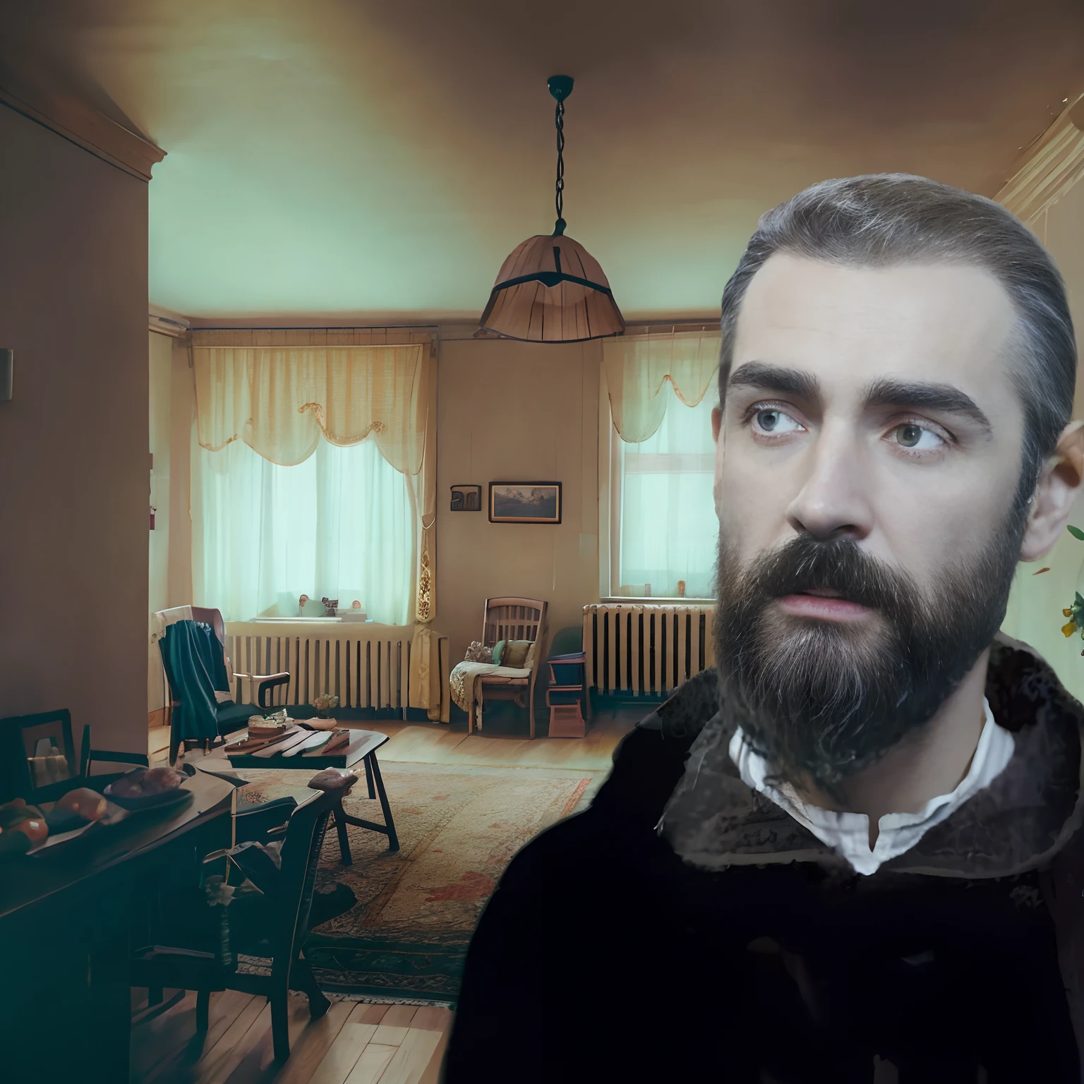 There's a man with a beard standing in a living room, inspired by Béni Ferenczy, inspirado em Charles McAuley, inspirado em Louis Eilshemius, inspired by Edo Murtić, inspirado em Hugo Simberg, inspirado em Gianfredo Camesi, inspired by Franciszek Żmurko, inspired by Alén Diviš
