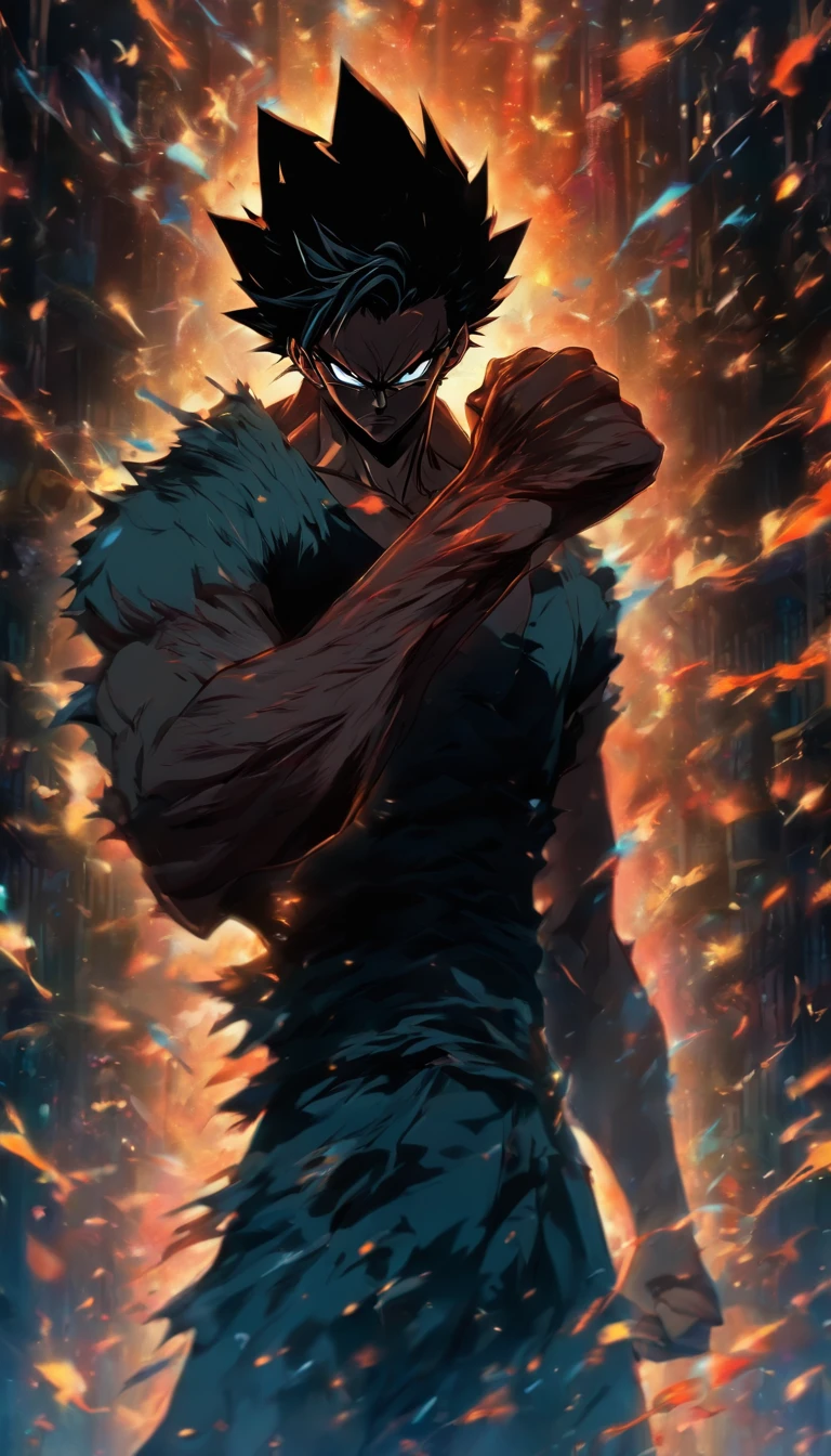 A tall man standing in a dark room, with a fierce gaze sweeping around. He clenches his fist with an angry expression. The room is filled with tension, with broken paintings hanging on the walls.,32k, best quality, masterpiece, super detail, high details by Jidaimono Anime Style