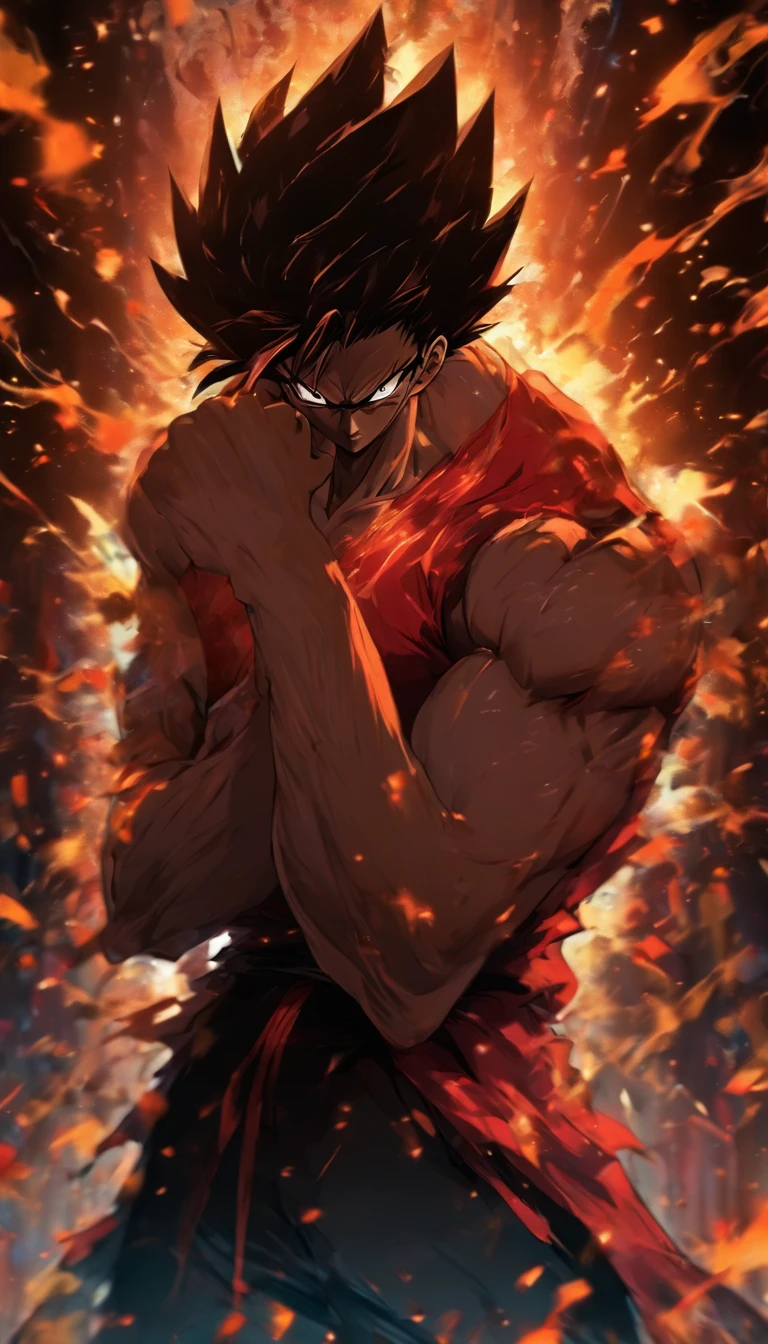 A tall man standing in a dark room, with a fierce gaze sweeping around. He clenches his fist with an angry expression. The room is filled with tension, with broken paintings hanging on the walls.,32k, best quality, masterpiece, super detail, high details by Jidaimono Anime Style