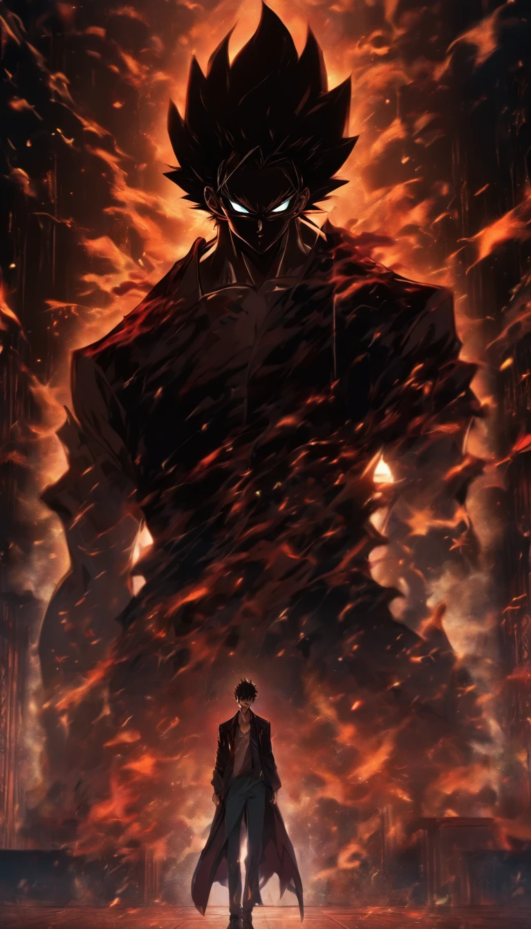 A tall man standing in a dark room, with a fierce gaze sweeping around. He clenches his fist with an angry expression. The room is filled with tension, with broken paintings hanging on the walls.,32k, best quality, masterpiece, super detail, high details by Jidaimono Anime Style