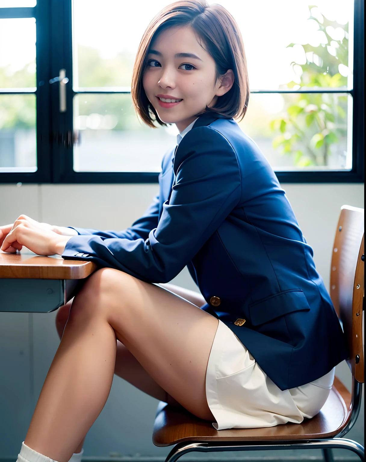 best quality, face focus, soft light, (depth of field) ,ultra high res, (photorealistic:1.4), RAW photo,
(upper knees:1.4) ,(from side)
1japanese girl, solo, cute, (shy, smile:1.1), (brown eyes), detailed beautiful face, (short hair ),
High School Classroom, (sit chair),
(school uniform:1.4,navy skirt,navy Blazer)