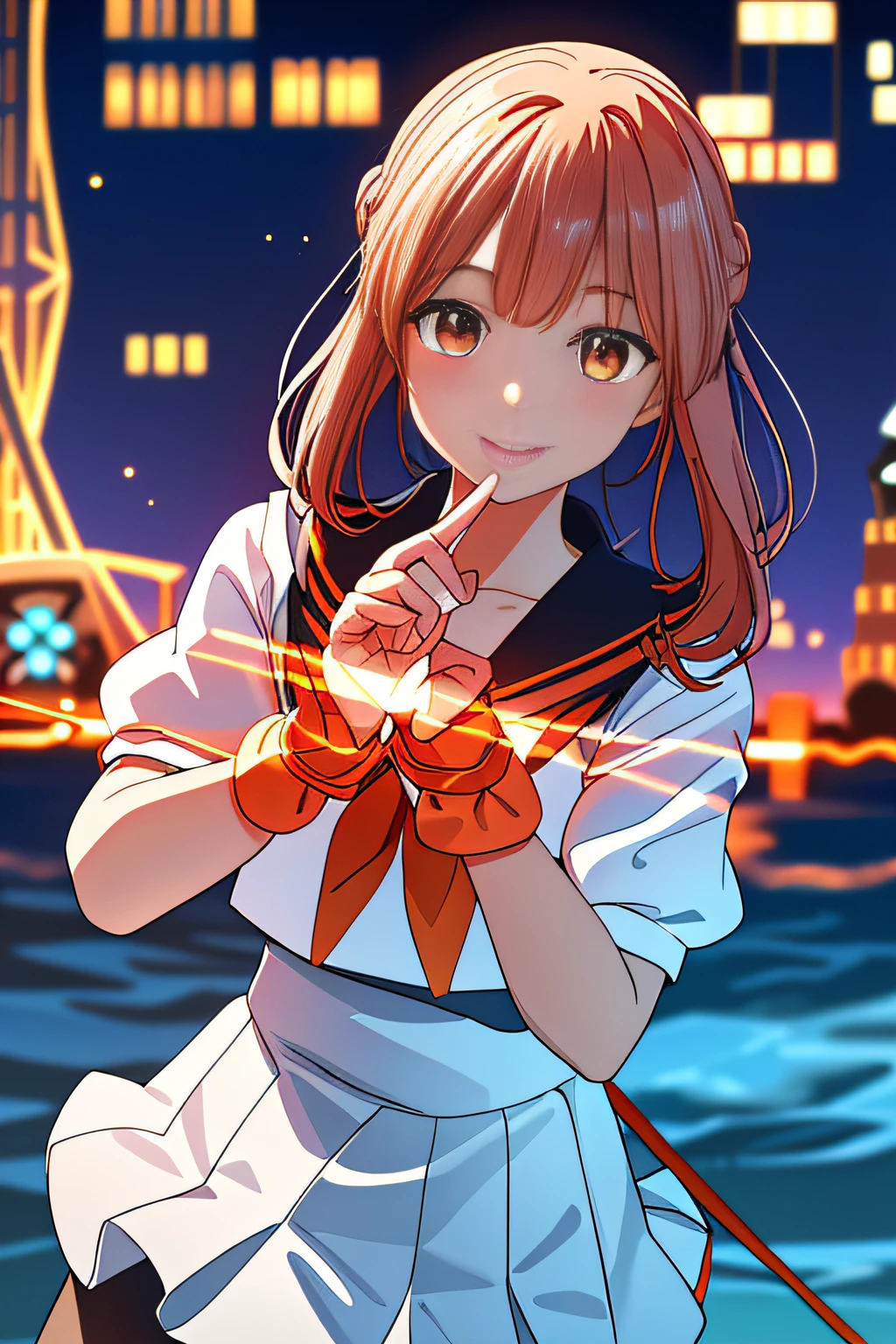 Cybernetic arm and glowing cyber girl,(J Women's Uniform,a sailor suit,White skirt,)Stand on a post-apocalyptic battlefield cityscape.Surrounded by a network of wires. Surrounded by a web of circuits. (Cyber Girl with Orange Glowing Sword:1.3), Glossy light brown and orange striped shorthair,Cute smile,Perfect round face,Black eyes,A cheerful smile that makes the viewer happy,Proper body proportion,Intricate details,Very delicate and beautiful hair,photos realistic,Dreamy,Professional Lighting,realistic shadow,Solo Focus,Beautiful hands,Beautiful fingers,Detailed finger features,detailed clothes features,Detailed hair features,detailed facial features,(masutepiece,top-quality,Ultra-high resolution output image,) ,(The 8k quality,),(Image Mode Ultra HD,),(Image Mode Ultra HD,),(Sea Art 2 Mode.1:1.3),Dark Shadow Fantasy