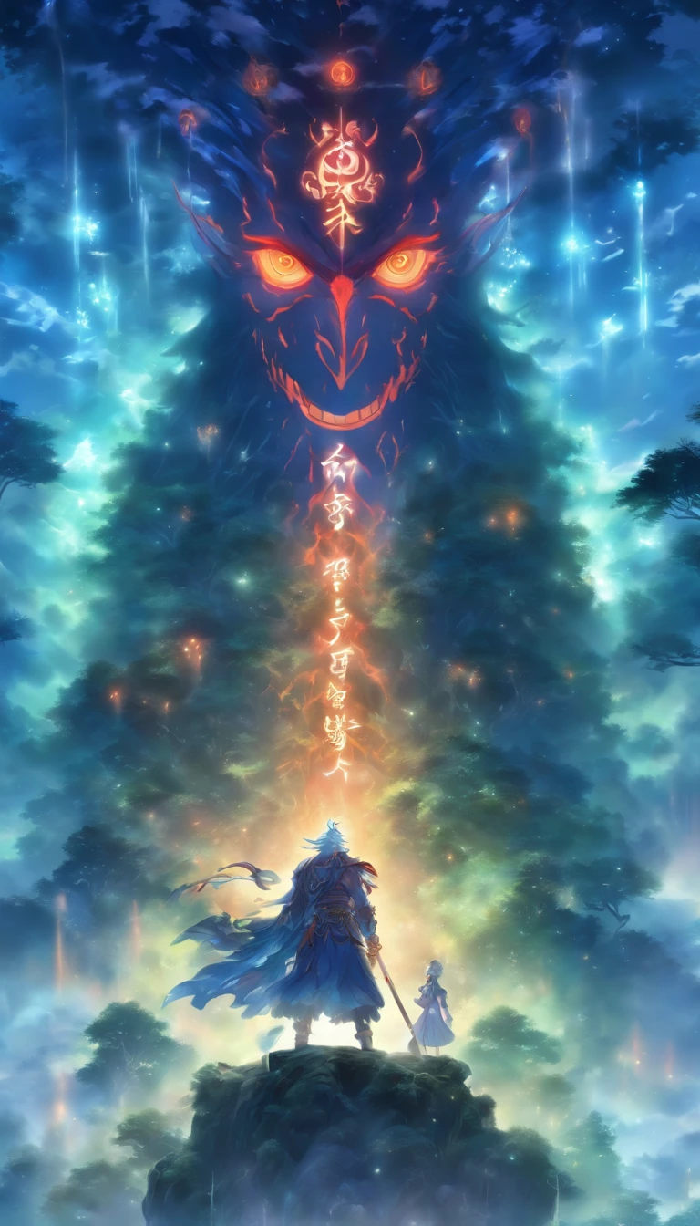 An excited elder standing on a high platform, with a cunning gleam in his eyes, surrounded by a misty forest where two floating female figures can be vaguely seen in the darkness, the elder holds a staff with strange runes shimmering, filled with power, ,32k, best quality, masterpiece, super detail, high details by Jidaimono Anime Style