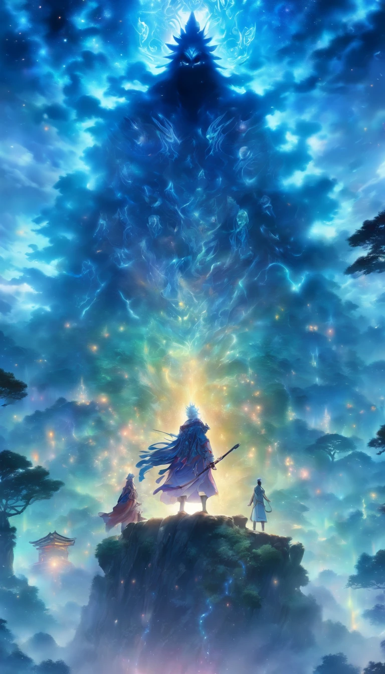 An excited elder standing on a high platform, with a cunning gleam in his eyes, surrounded by a misty forest where two floating female figures can be vaguely seen in the darkness, the elder holds a staff with strange runes shimmering, filled with power, ,32k, best quality, masterpiece, super detail, high details by Jidaimono Anime Style