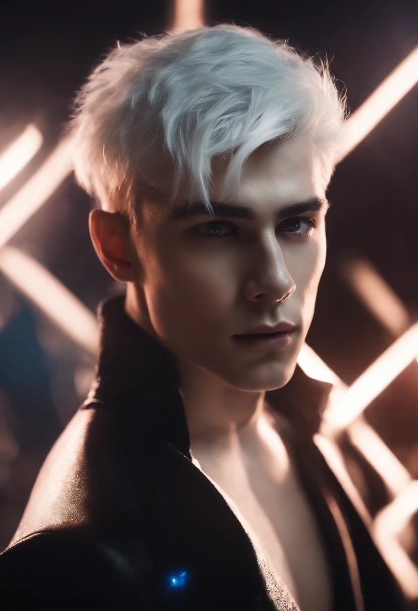 Young man, 20 years old, white hair, two block haircut , shirtless, wearing a black fur coat , reality photo, reality skin, detailed skin, glowing light eyes, Biomechanical, eerie, Creepy, nightmarish, Very bright colors, Light particles, with light glowing, Mshiff, wallpaper art, UHD wallpaper
