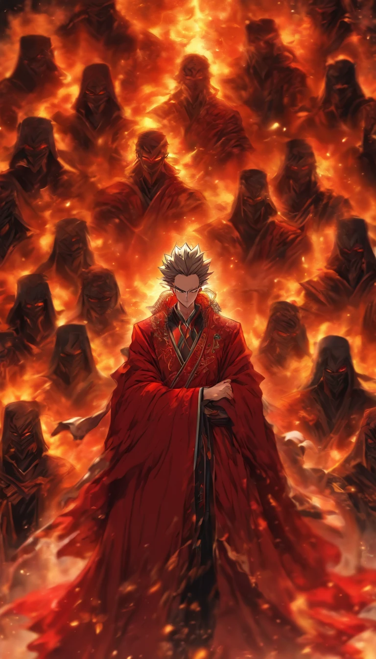 A cunning man standing in front of the Red Robe Sect, with a face full of conspiracy, blinking constantly, trying to hint at the useless saint, tense and chaotic atmosphere, ,32k, best quality, masterpiece, super detail, high details by Jidaimono Anime Style