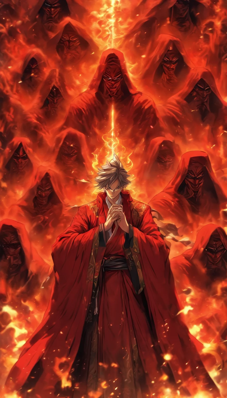 A cunning man standing in front of the Red Robe Sect, with a face full of conspiracy, blinking constantly, trying to hint at the useless saint, tense and chaotic atmosphere, ,32k, best quality, masterpiece, super detail, high details by Jidaimono Anime Style