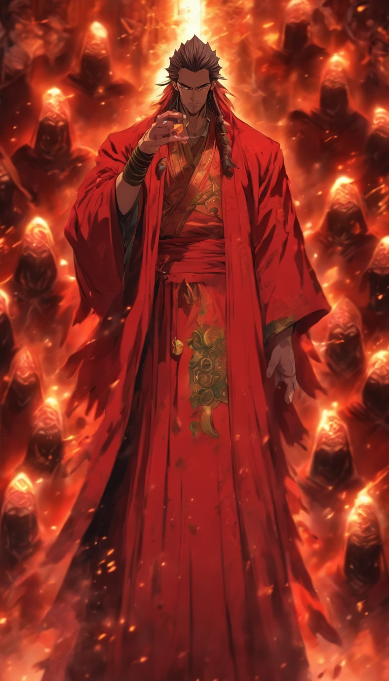 A cunning man standing in front of the Red Robe Sect, with a face full of conspiracy, blinking constantly, trying to hint at the useless saint, tense and chaotic atmosphere, ,32k, best quality, masterpiece, super detail, high details by Jidaimono Anime Style