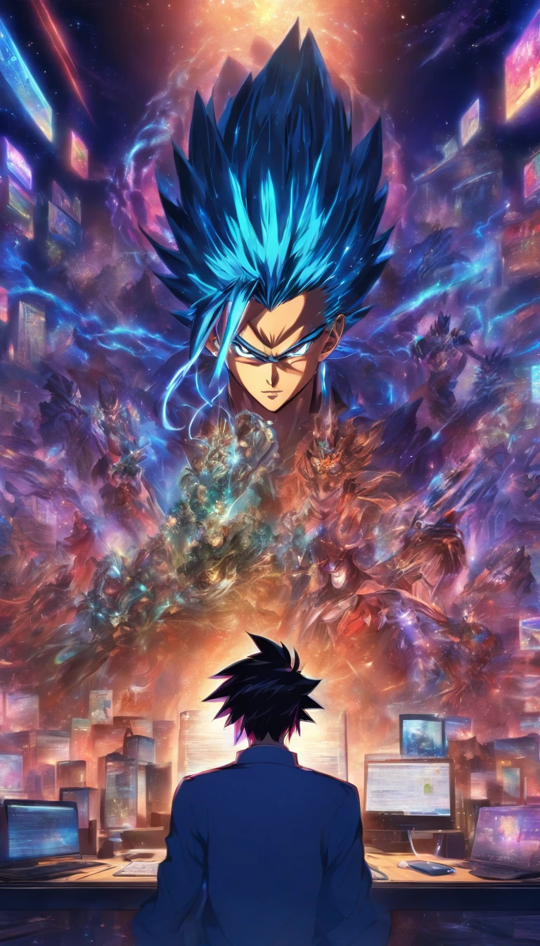 A young man sitting in front of a desk, staring at a computer screen with no expression, a shining system prompt appears in his mind, the notification sound rings, and he receives a contribution of 100,000 points from Xiao Xun'er, ,32k, best quality, masterpiece, super detail, high details by Jidaimono Anime Style