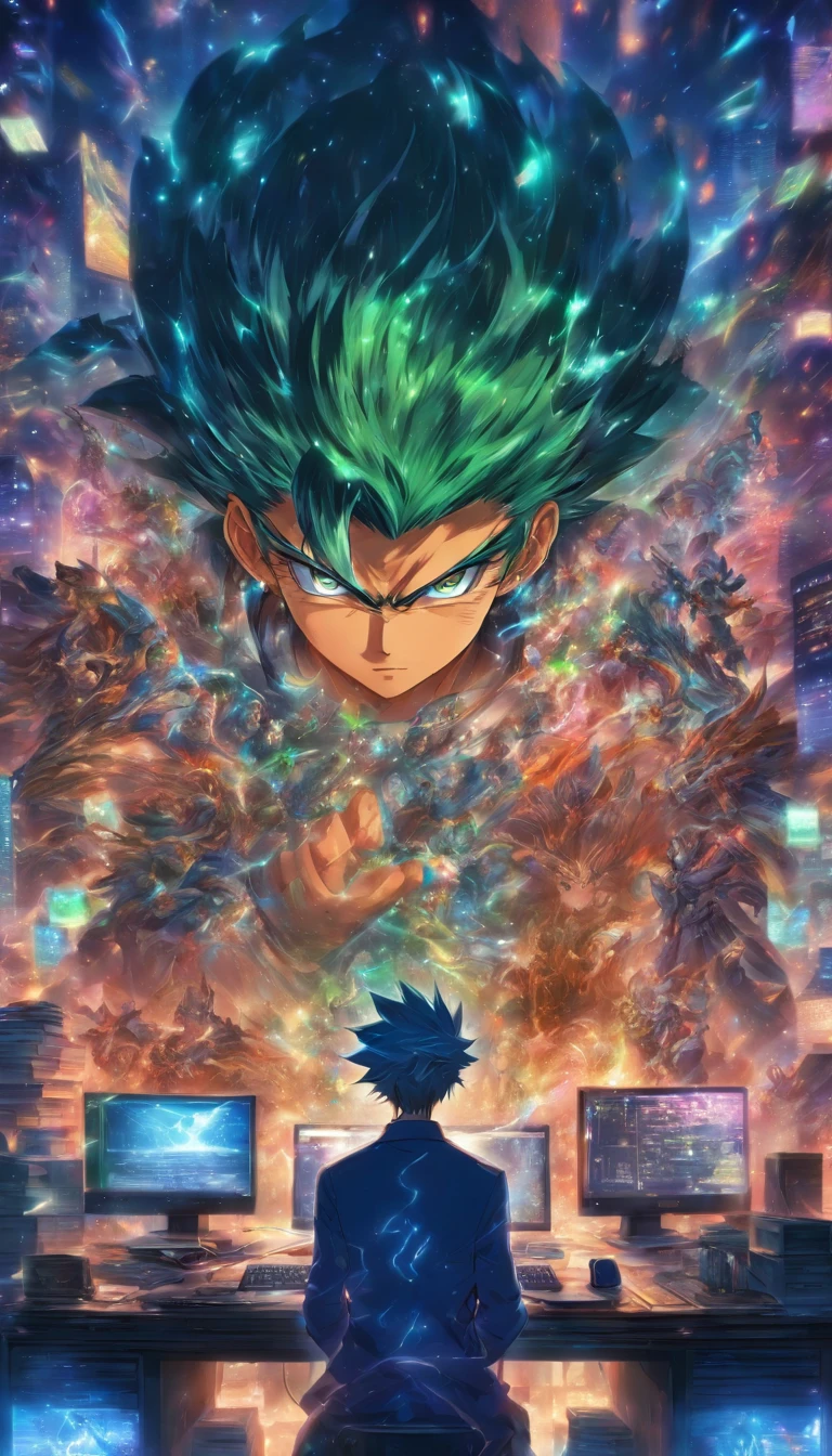 A young man sitting in front of a desk, staring at a computer screen with no expression, a shining system prompt appears in his mind, the notification sound rings, and he receives a contribution of 100,000 points from Xiao Xun'er, ,32k, best quality, masterpiece, super detail, high details by Jidaimono Anime Style