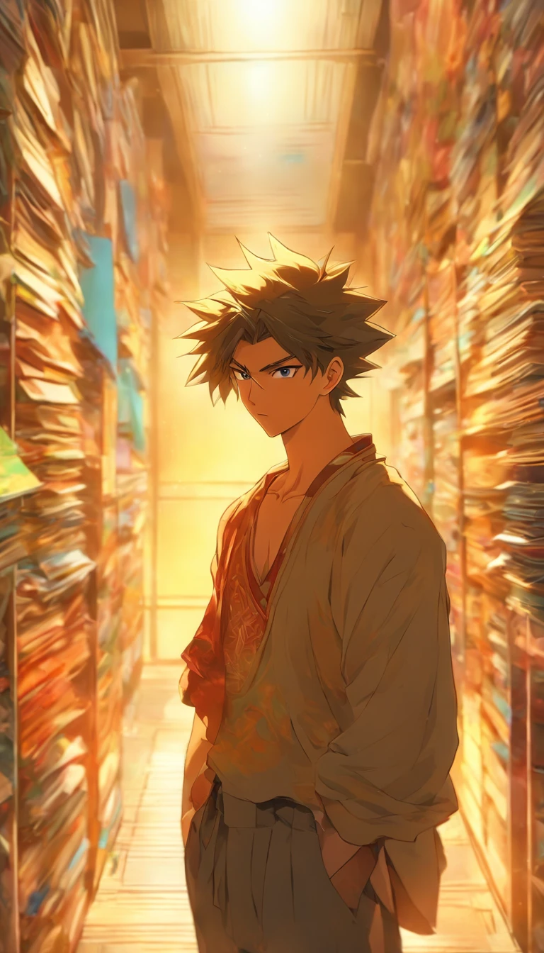 A young man standing in a spacious room, holding a postcard in his hand. The postcard features a photo of Nalan Wan'er, and he looks at it with a heavy heart. ,32k, best quality, masterpiece, super detail, high details by Jidaimono Anime Style