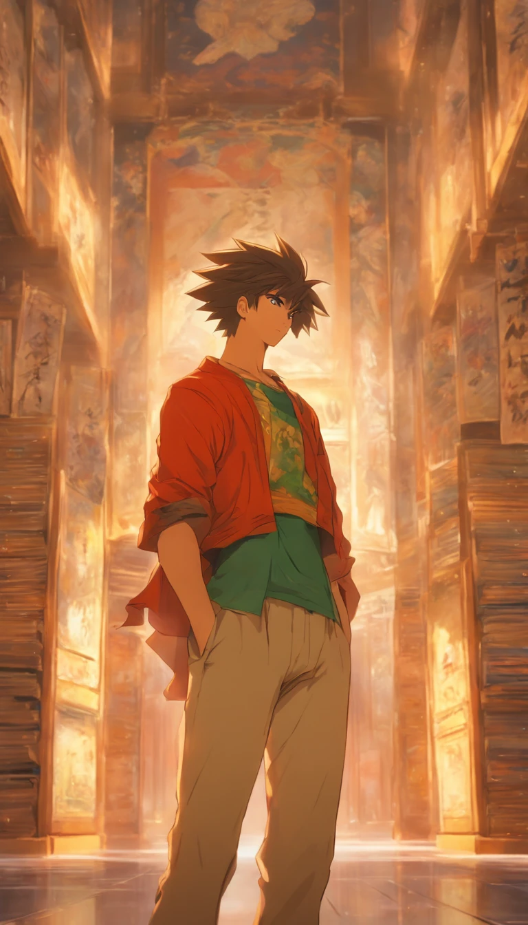 A young man standing in a spacious room, holding a postcard in his hand. The postcard features a photo of Nalan Wan'er, and he looks at it with a heavy heart. ,32k, best quality, masterpiece, super detail, high details by Jidaimono Anime Style