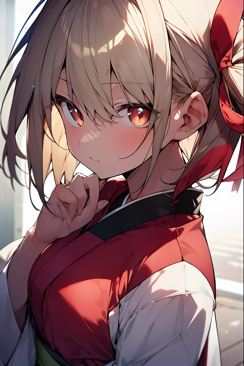 chisatonishikigi, nishikigi chisato, short hair, bangs, blonde hair, (red eyes:1.5), hair ribbon, one side up, bob cut,
BREAK japanese clothes, kimono, apron, red ribbon, waitress, red kimono,
BREAK outdoors, track and field,
BREAK looking at viewer, BREAK (masterpiece:1.2), best quality, high resolution, unity 8k wallpaper, (illustration:0.8), (beautiful detailed eyes:1.6), extremely detailed face, perfect lighting, extremely detailed CG, (perfect hands, perfect anatomy),