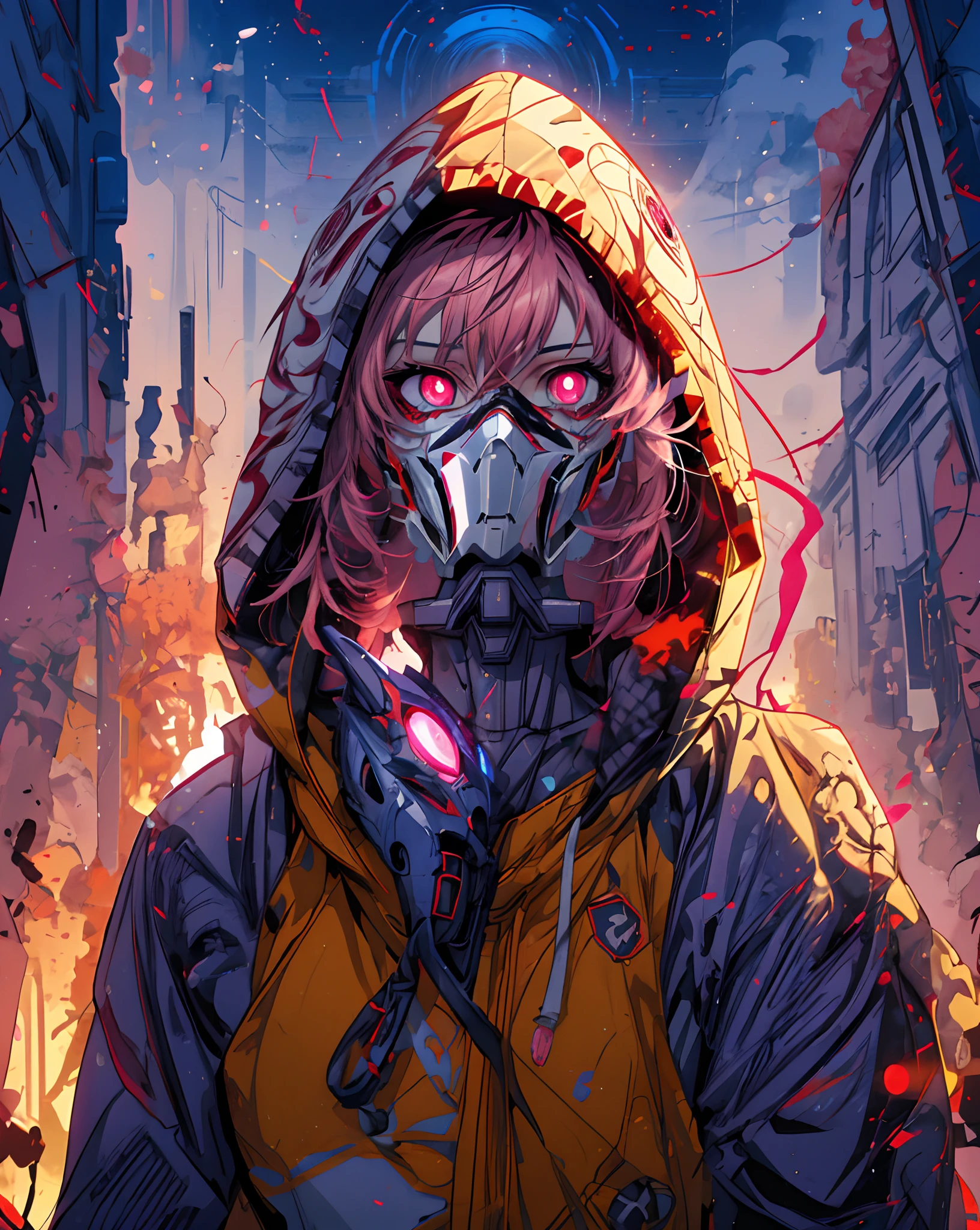 anime - style image of a person with pink eyes and a hoodie, demon slayer rui fanart, detailed digital anime art, break. Detail screaming, painfull facial expressions, with ((red_pink glowing eye lens)), ((mecha_mask:1.2)),guweiz on pixiv artstation, epic anime style,break, backlight, glowing flare around her