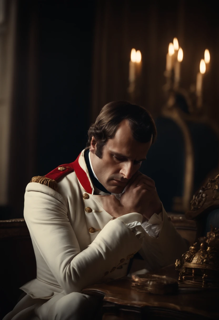 A Napoleon Bonaparte having a headache touching his head as he is sitting